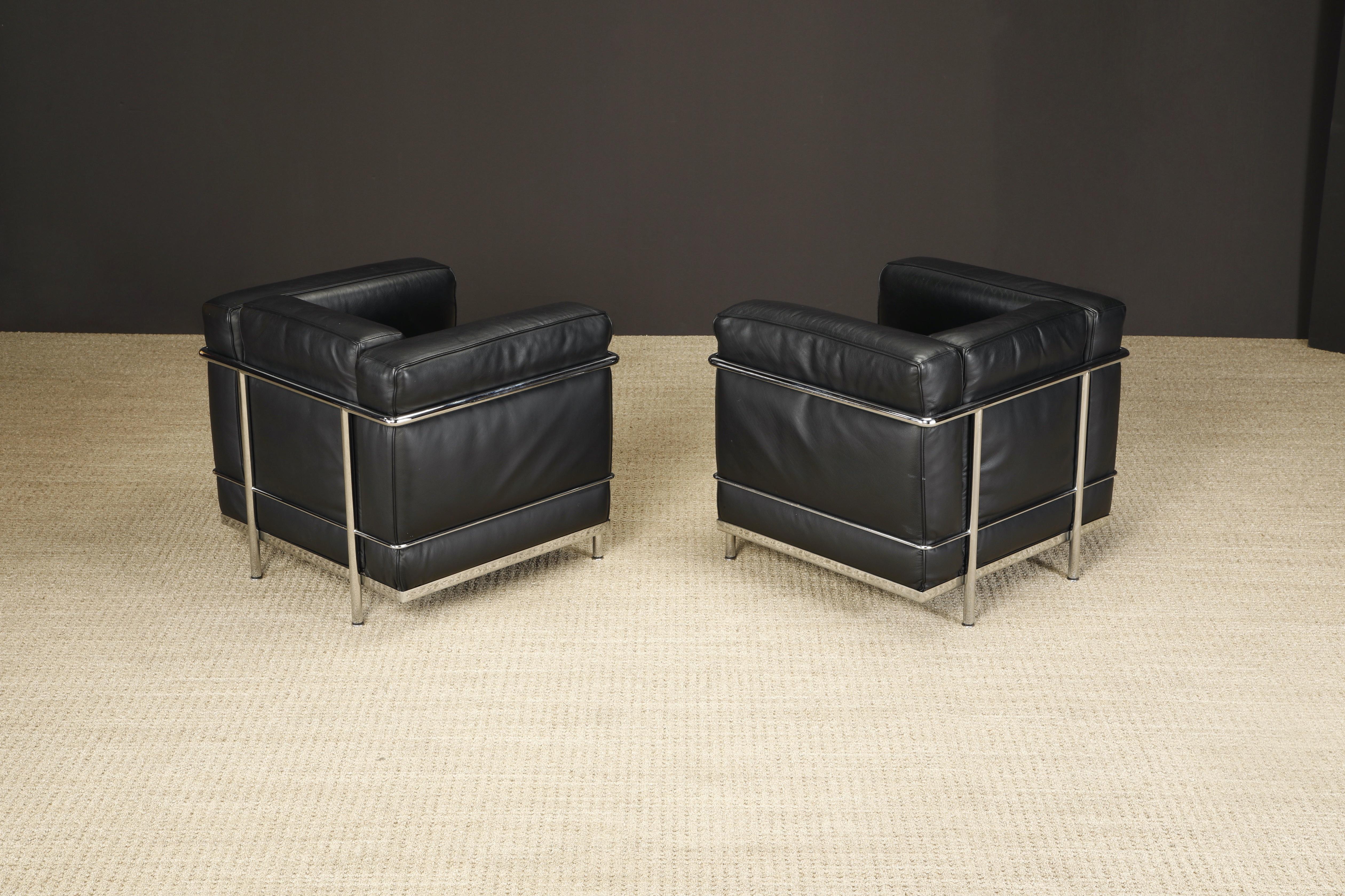 Pair of 'LC2' Black Leather Club Chairs by Le Corbusier for Cassina, Signed 6