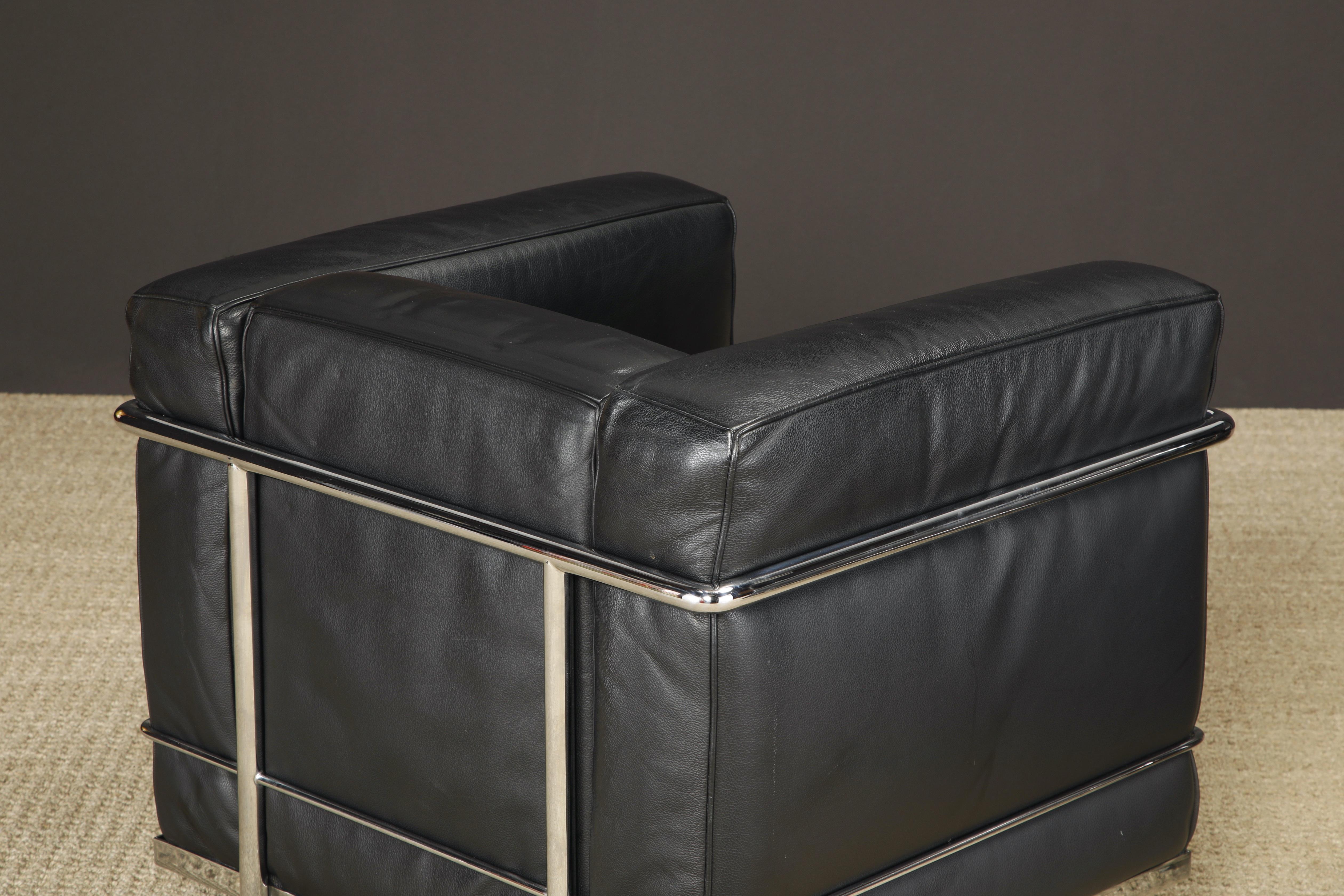 Pair of 'Lc2' Black Leather Club Chairs by Le Corbusier for Cassina, Signed 7