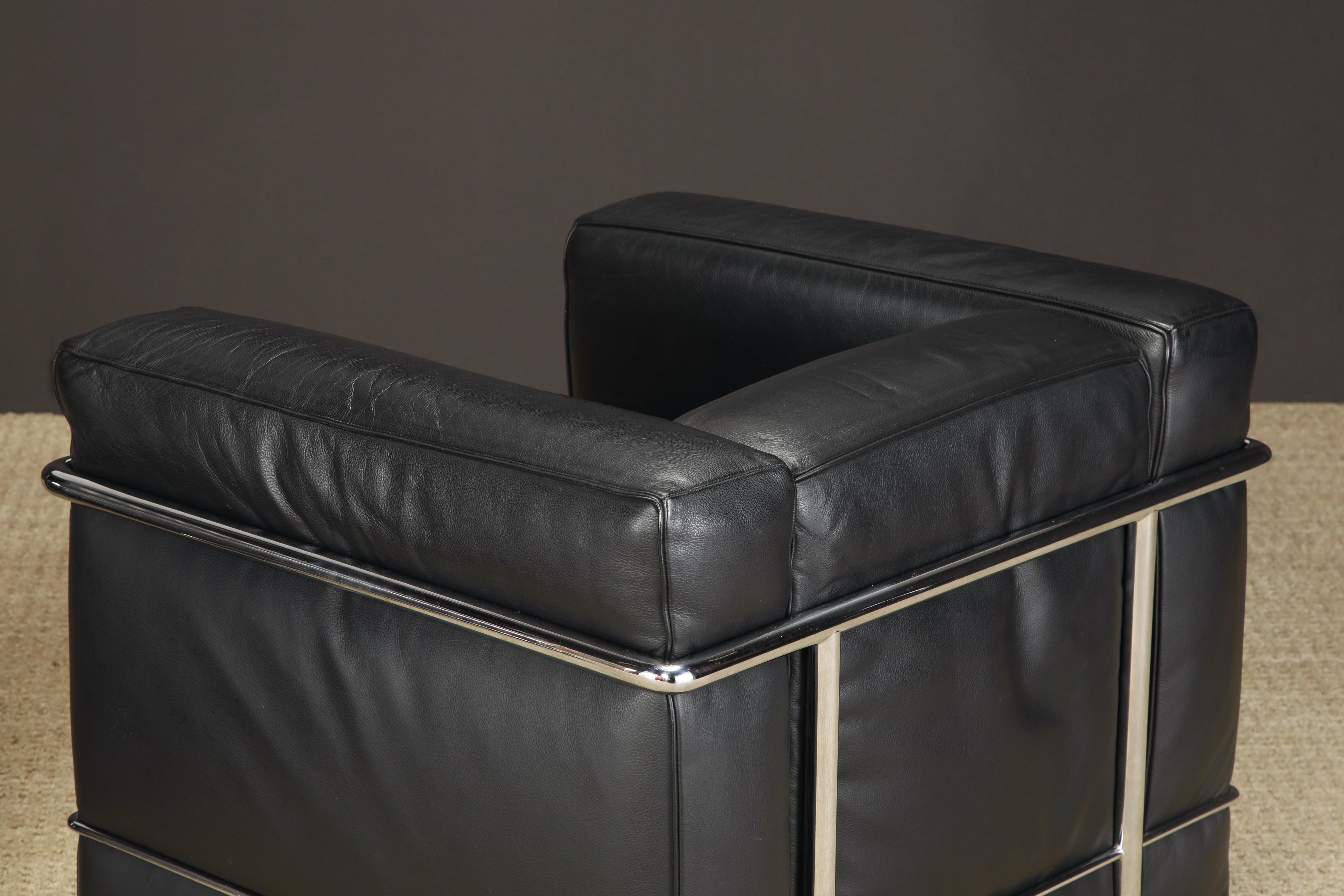 Pair of 'Lc2' Black Leather Club Chairs by Le Corbusier for Cassina, Signed 8