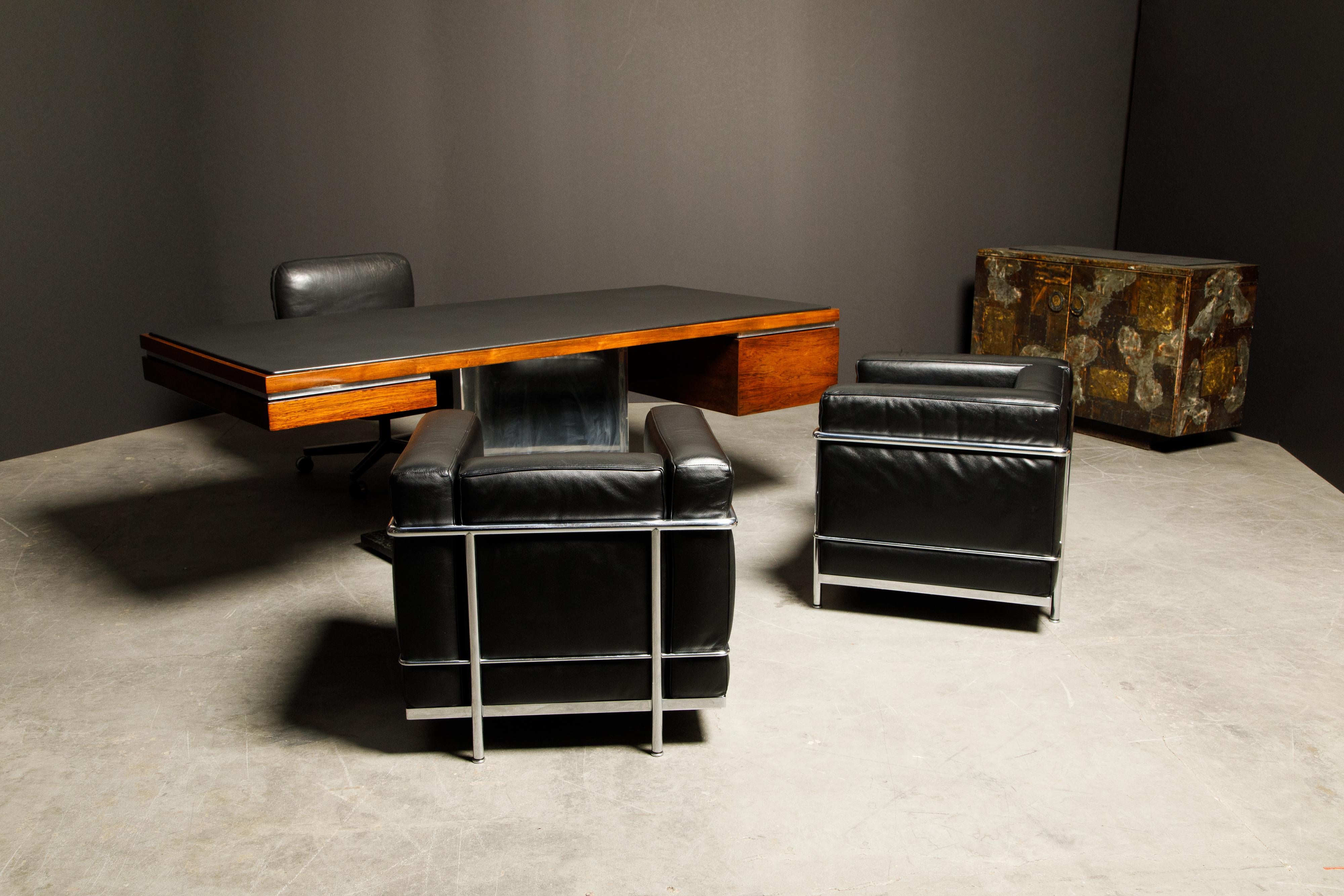 Pair of 'LC2' Black Leather Club Chairs by Le Corbusier for Cassina, Signed 10