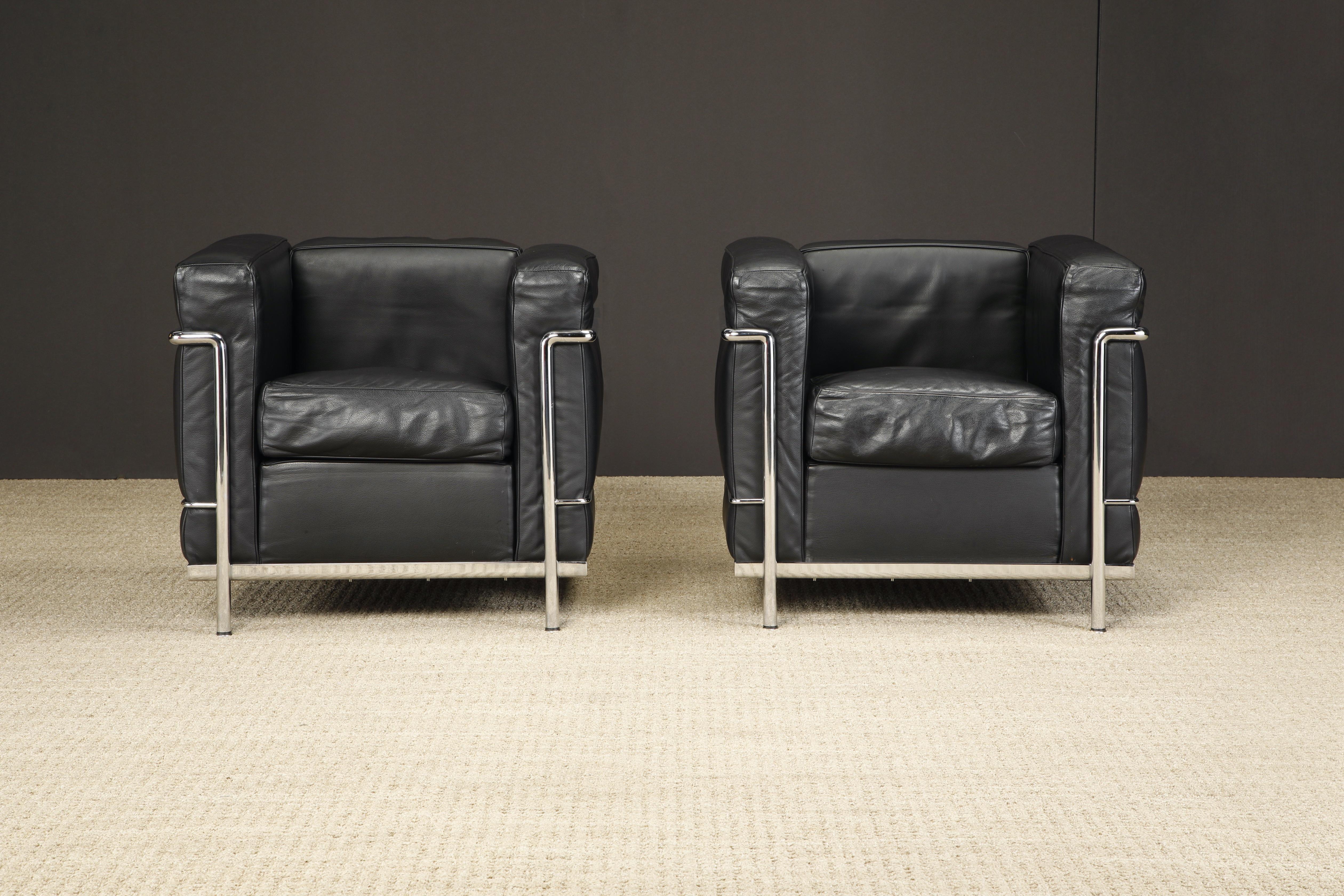Bauhaus Pair of 'Lc2' Black Leather Club Chairs by Le Corbusier for Cassina, Signed