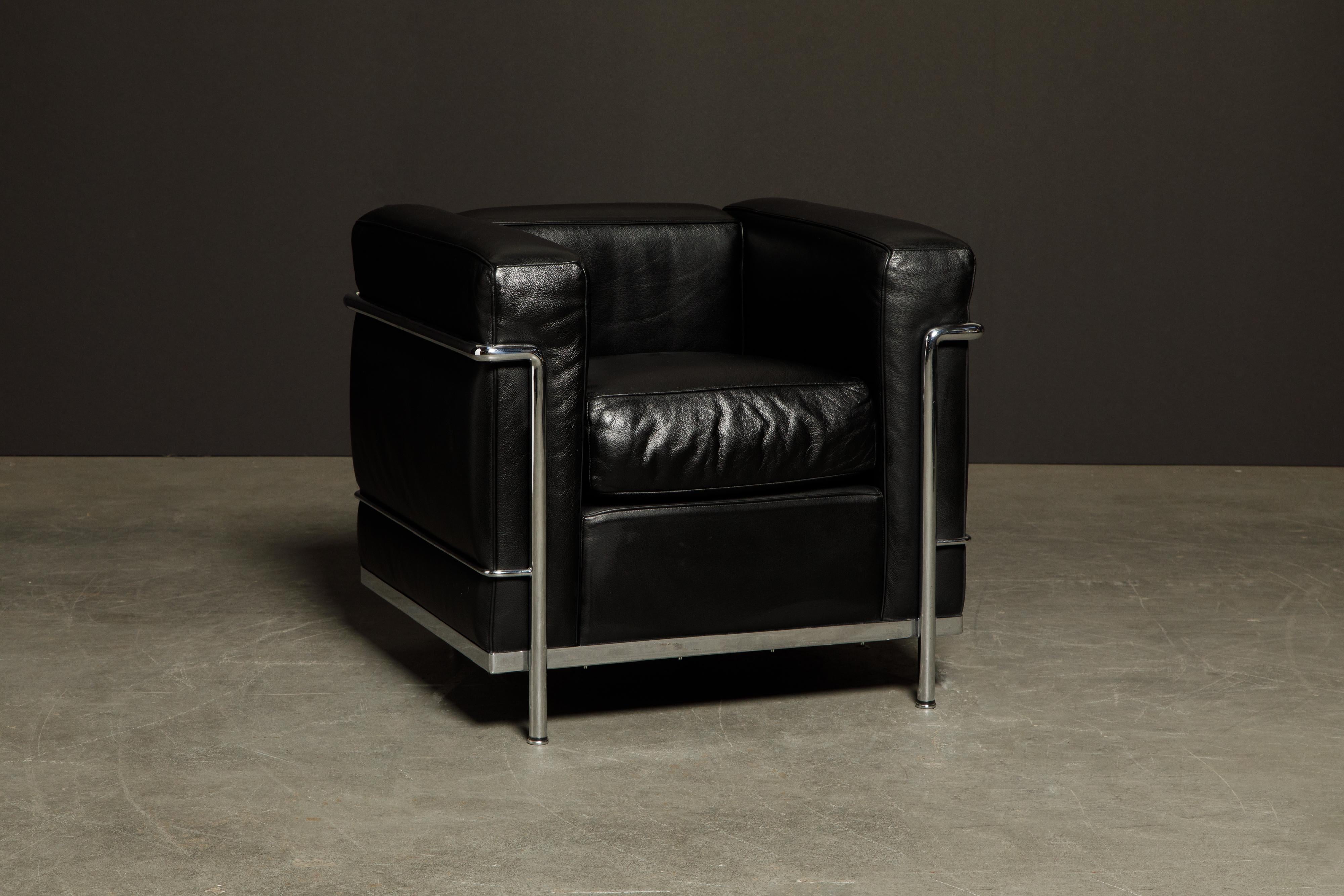 Contemporary Pair of 'LC2' Black Leather Club Chairs by Le Corbusier for Cassina, Signed