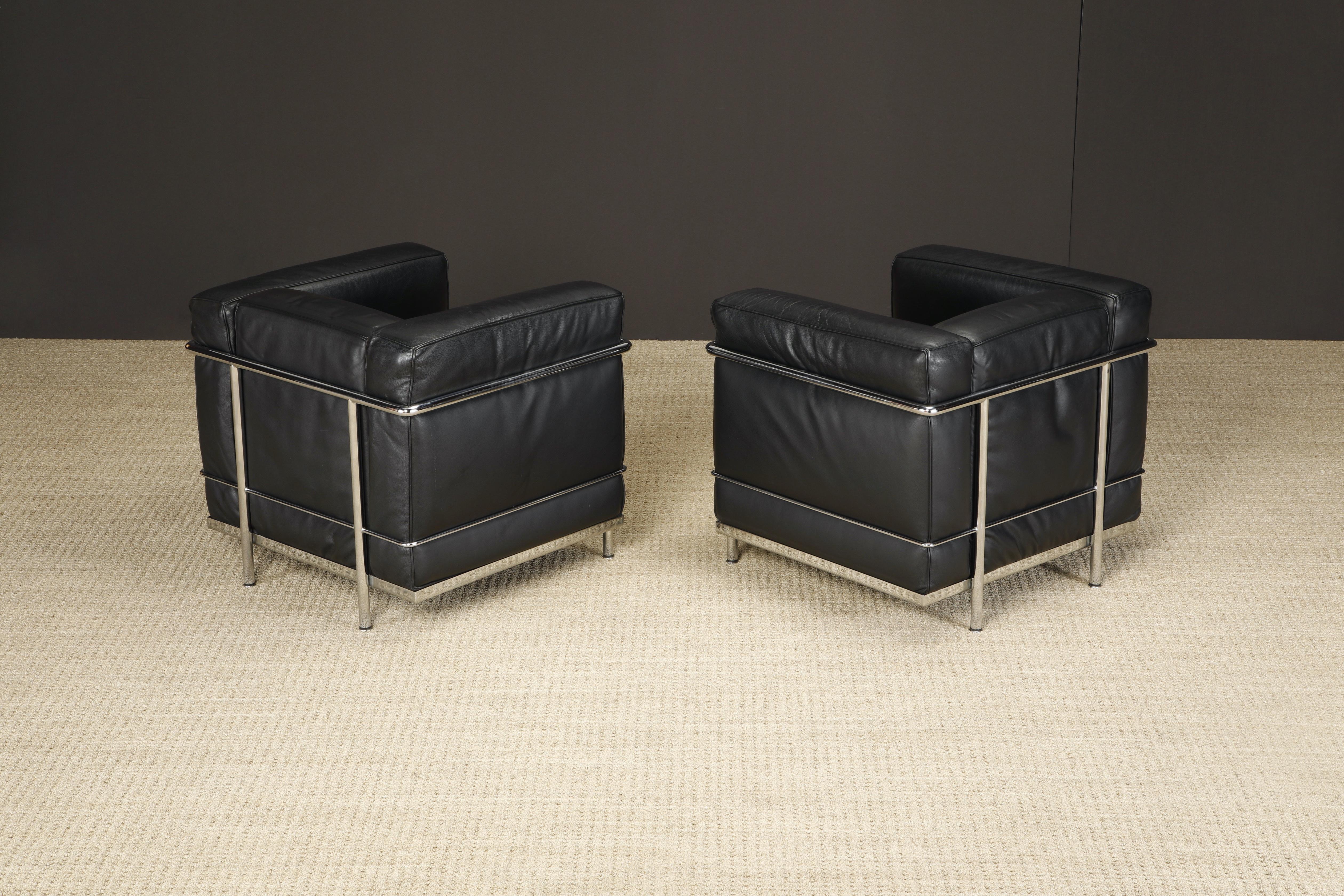 Contemporary Pair of 'Lc2' Black Leather Club Chairs by Le Corbusier for Cassina, Signed