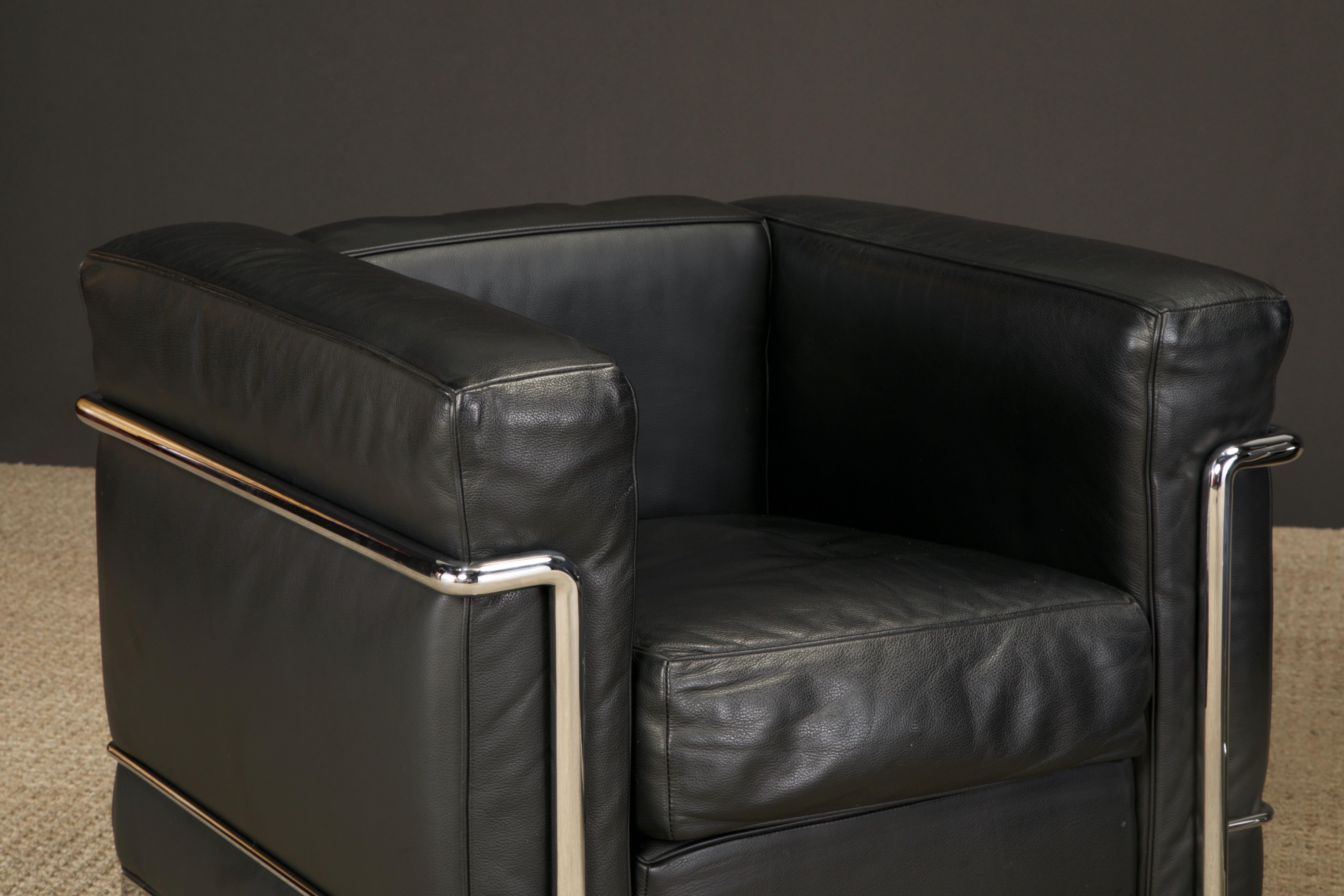 Pair of 'Lc2' Black Leather Club Chairs by Le Corbusier for Cassina, Signed 1