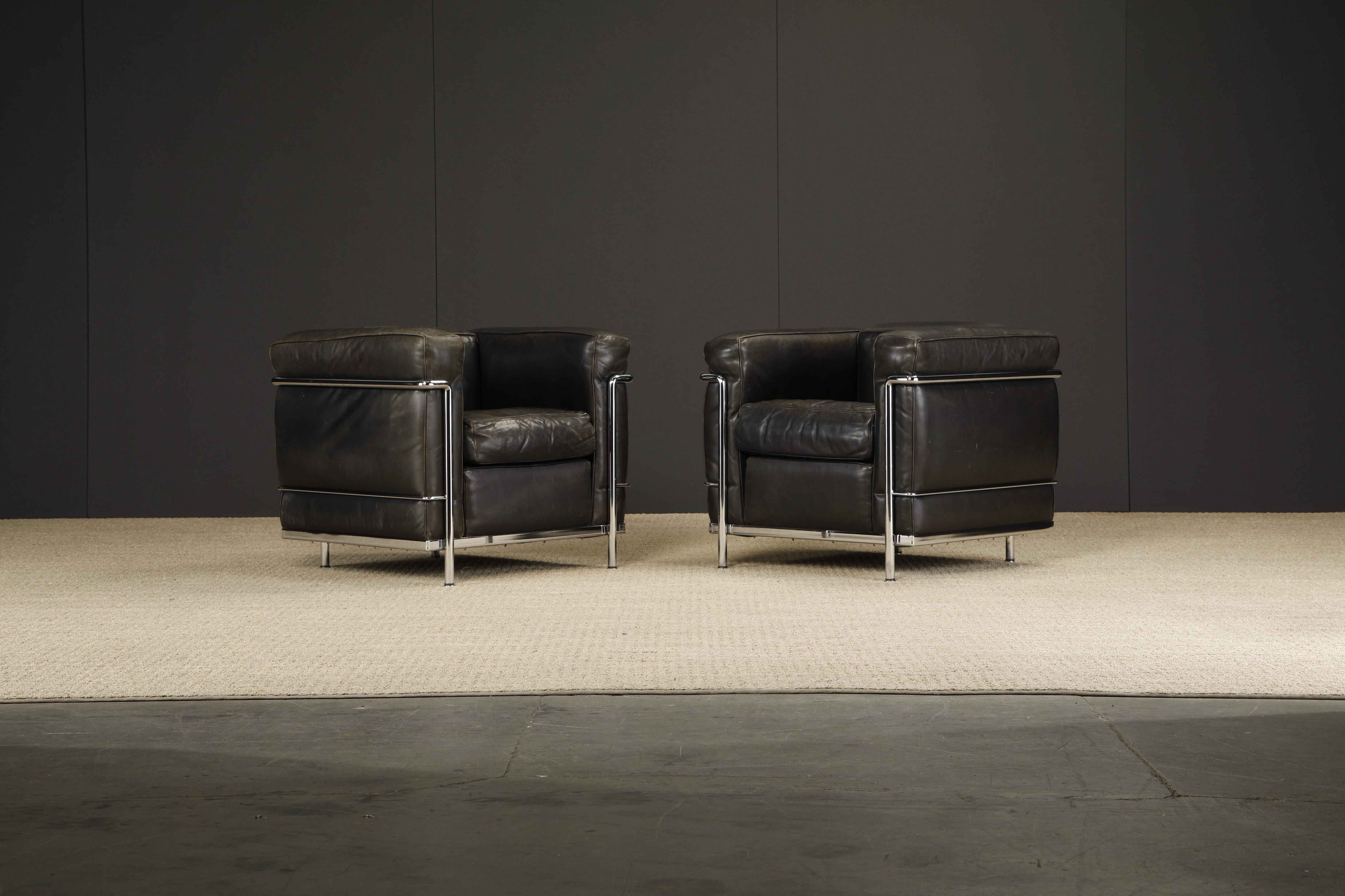Bauhaus Pair of 'LC2' Leather Club Chairs by Le Corbusier for Cassina, c 1990s, Signed
