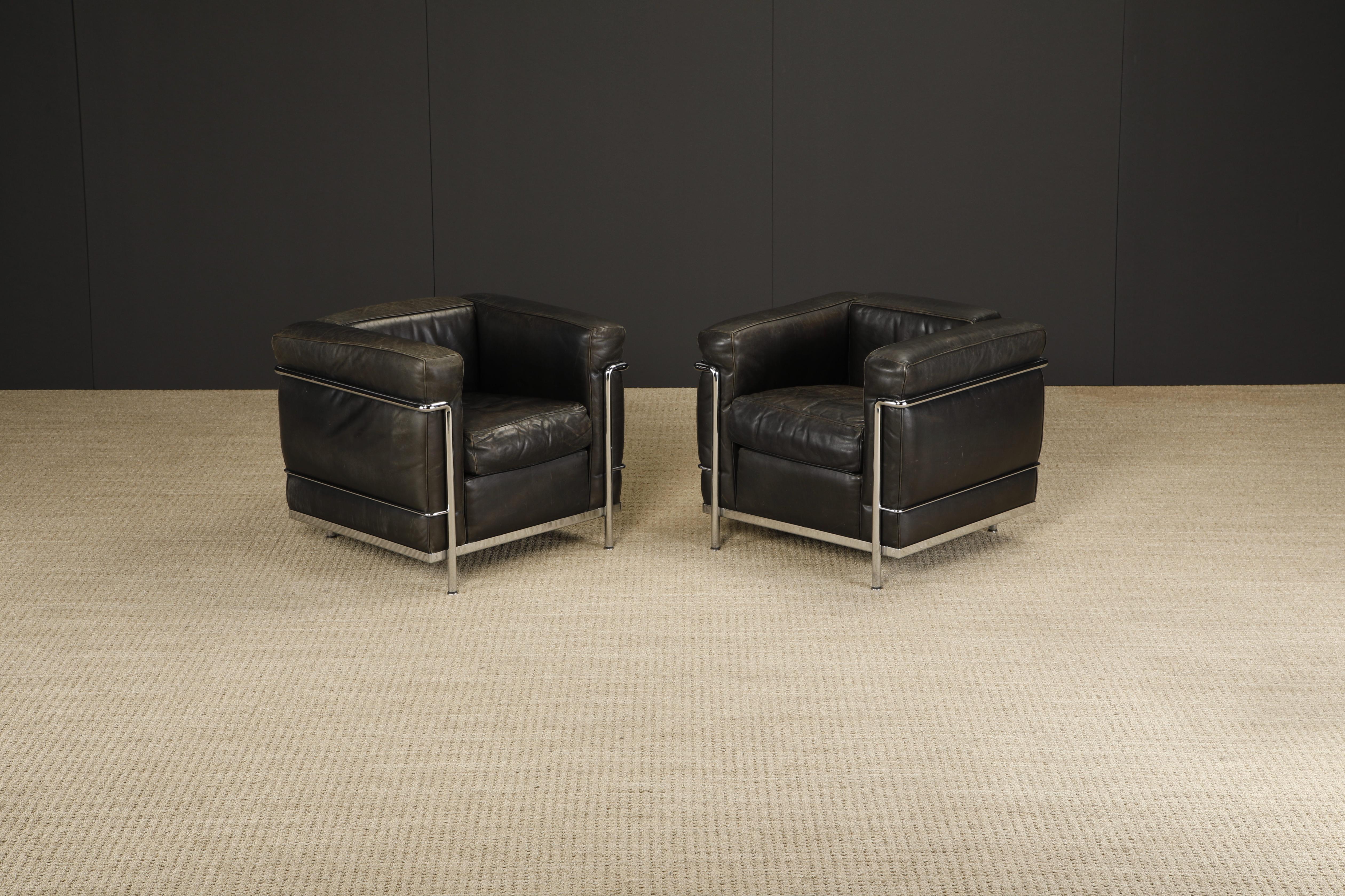 Italian Pair of 'LC2' Leather Club Chairs by Le Corbusier for Cassina, c 1990s, Signed