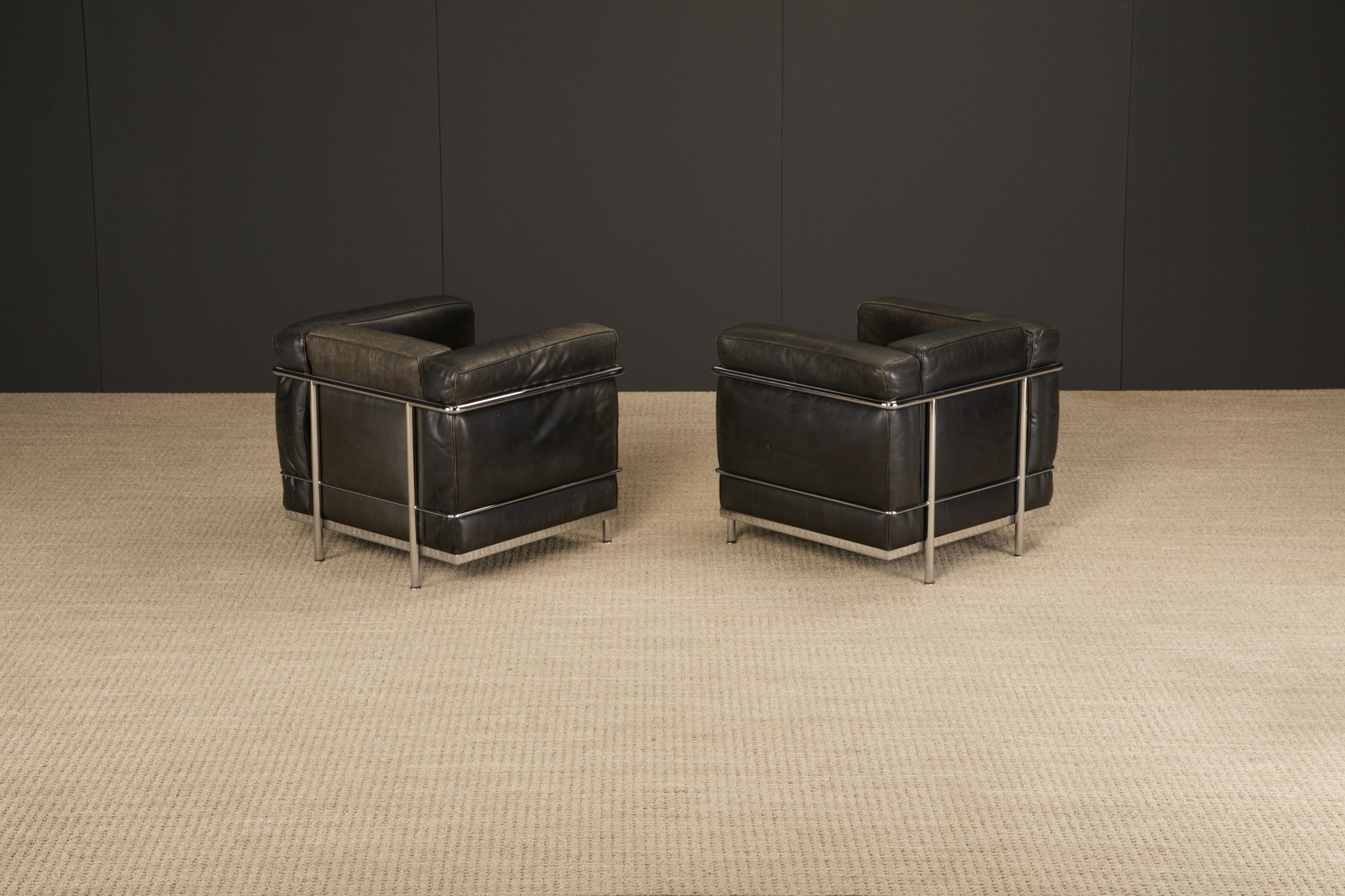 Pair of 'LC2' Leather Club Chairs by Le Corbusier for Cassina, c 1990s, Signed In Good Condition In Los Angeles, CA