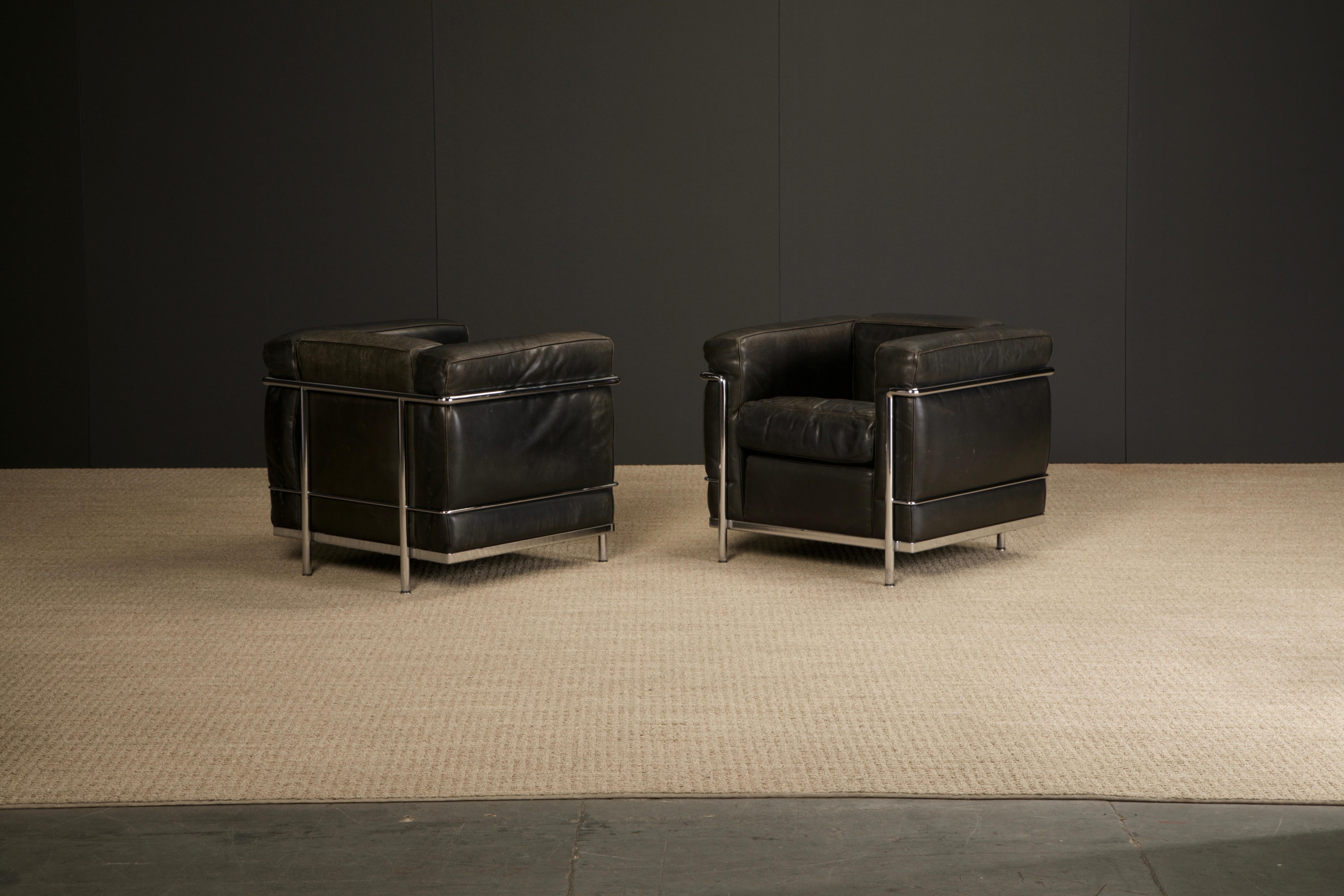 Late 20th Century Pair of 'LC2' Leather Club Chairs by Le Corbusier for Cassina, c 1990s, Signed