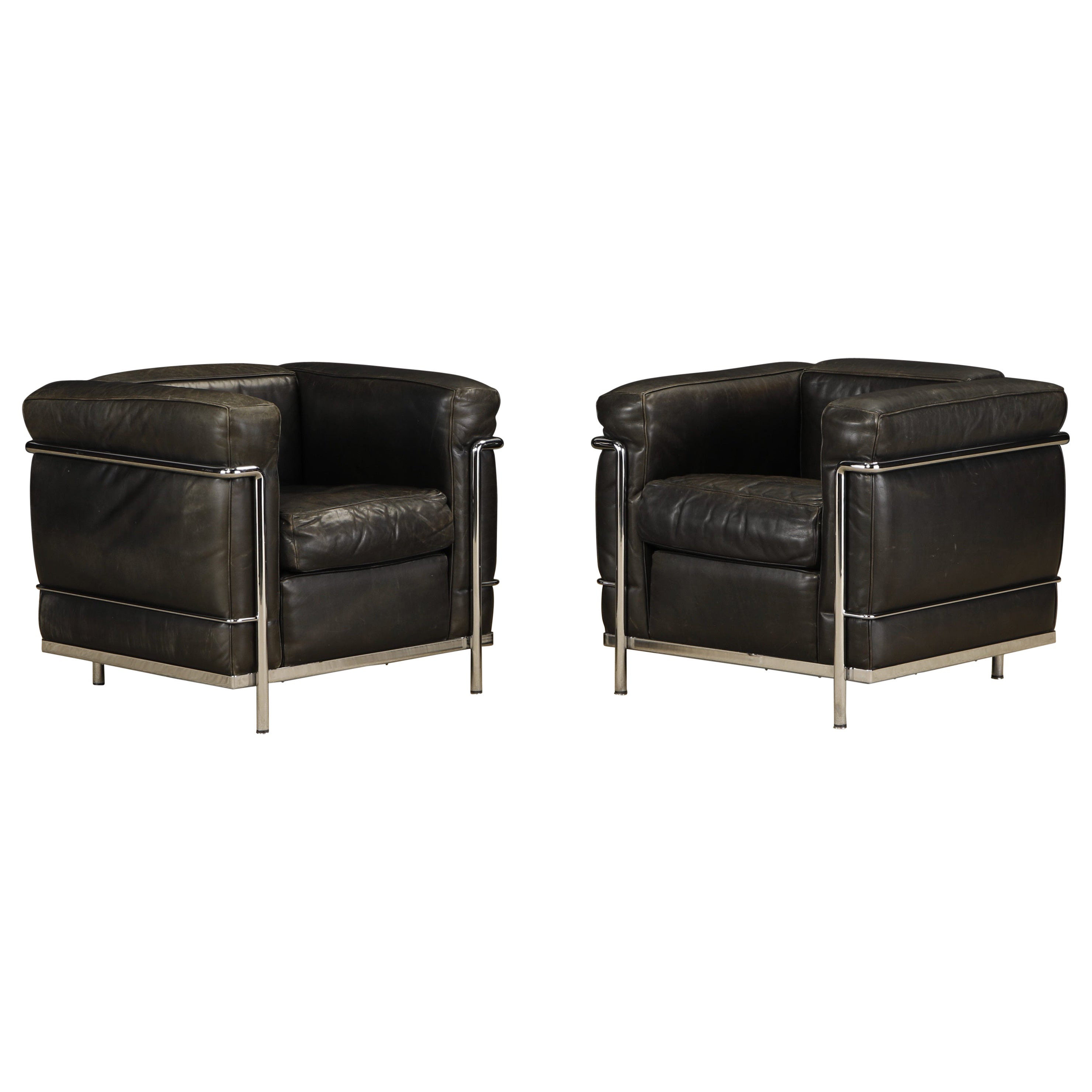 Pair of 'LC2' Leather Club Chairs by Le Corbusier for Cassina, c 1990s, Signed