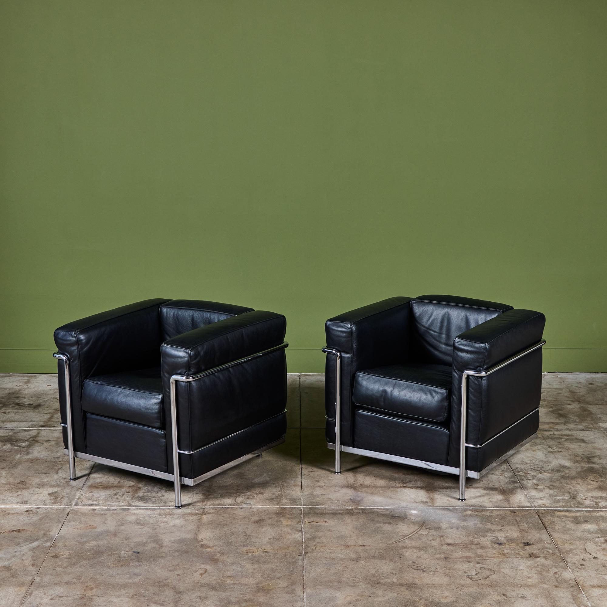 Originally designed by Le Corbusier, Pierre Jeanneret and Charlotte Perriand in the 1920's for the Salon d’Automne in Paris these modern lounge chairs still stand the test of time. This pair, made in the early 2000's for Cassina, Italy, showcase a
