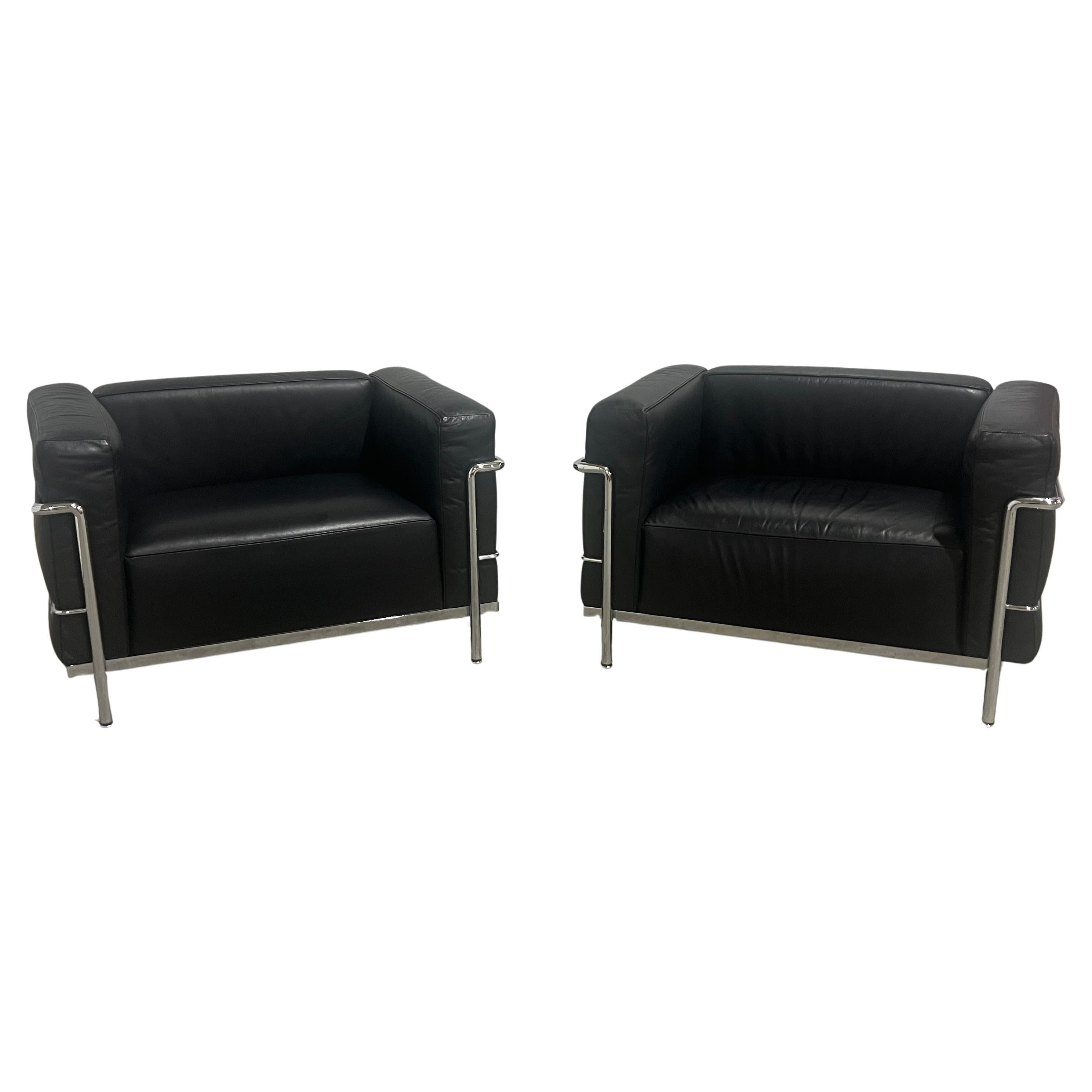 Pair of 'LC3' Black Leather Club Chairs by Le Corbusier for Cassina, Signed