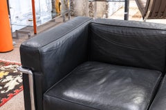 Pair of Le Corbusier Style Chrome Frame and Black Leather Mid Century Sofas
