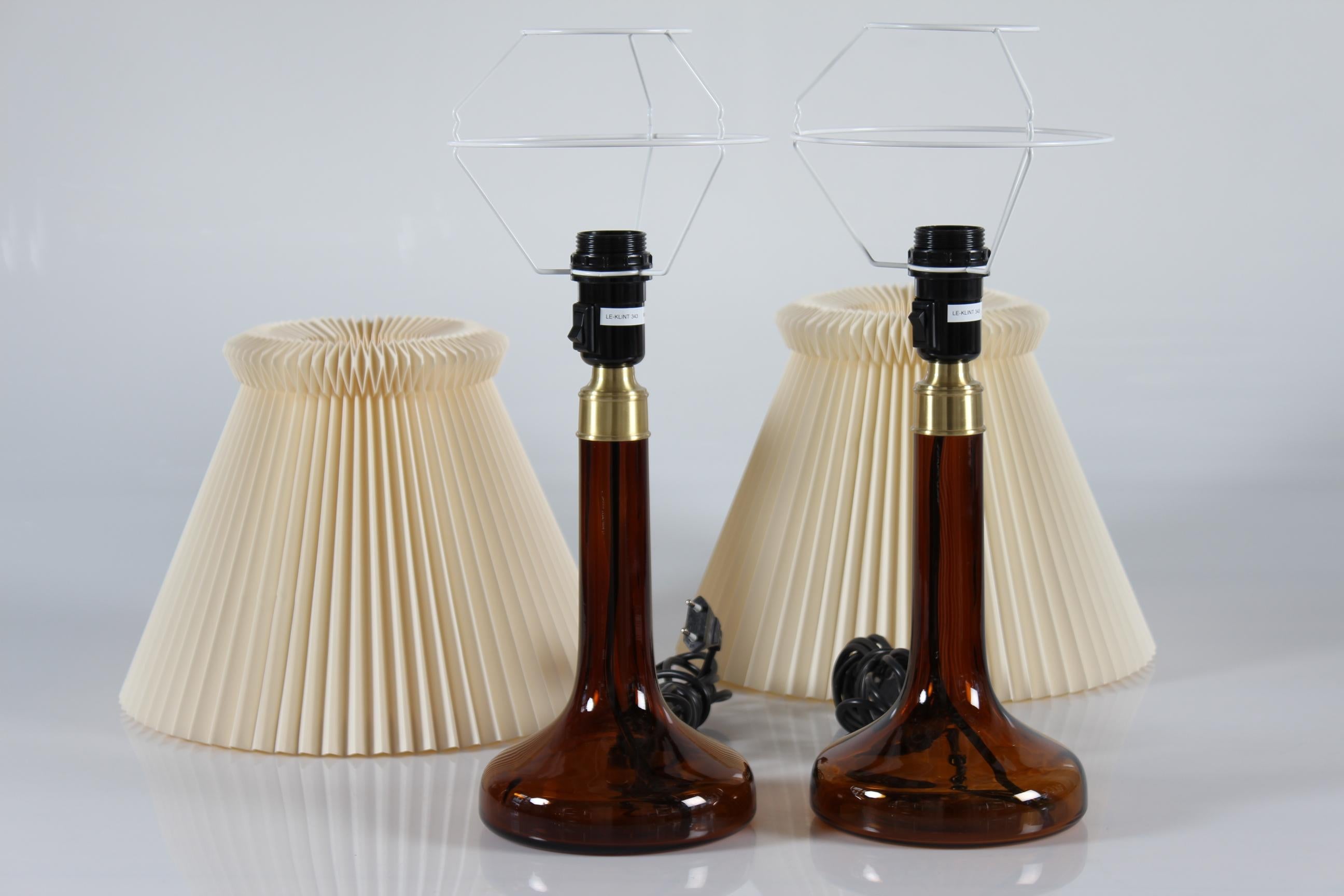 Brass Pair of Le Klint Table Lamps 343 by Holmegaard Brown Glass with Original Shade