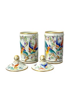 Pair of Le Tallec Paris Apothecary Jars, Hand-Painted Birds & Gilt