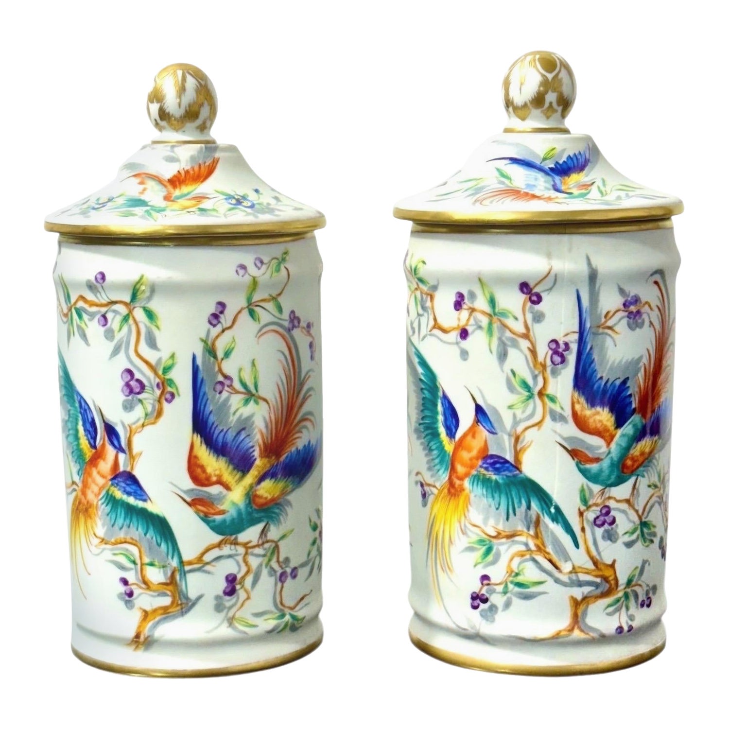 Paire de pots d
apothicaire Le Tallec Paris, oiseaux peints à la main et dorés en vente