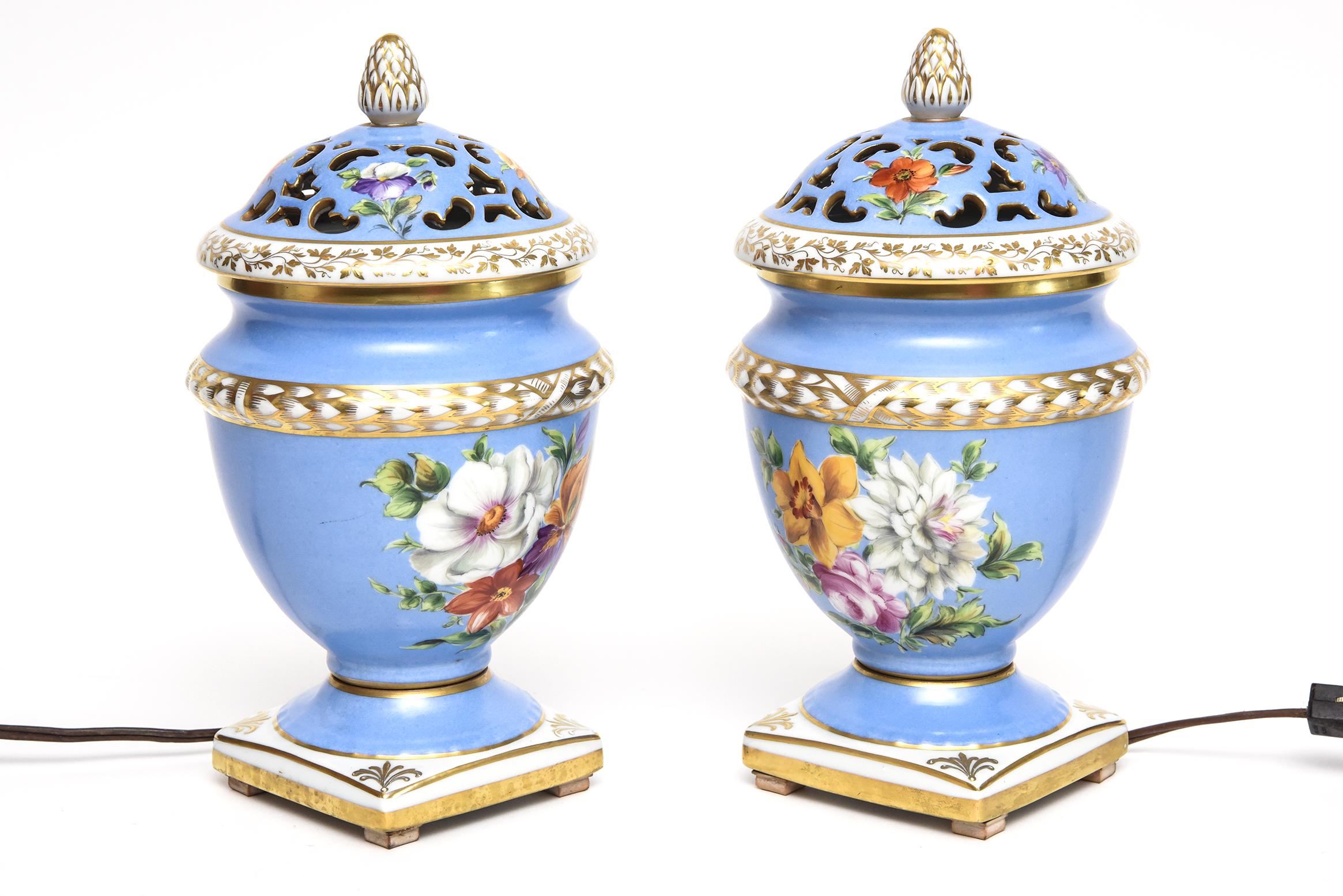 Pair of Le Tallec Paris Floral Blue Gilt Porcelain Pot Pourri Perfume Urns Lamps In Good Condition For Sale In Miami Beach, FL