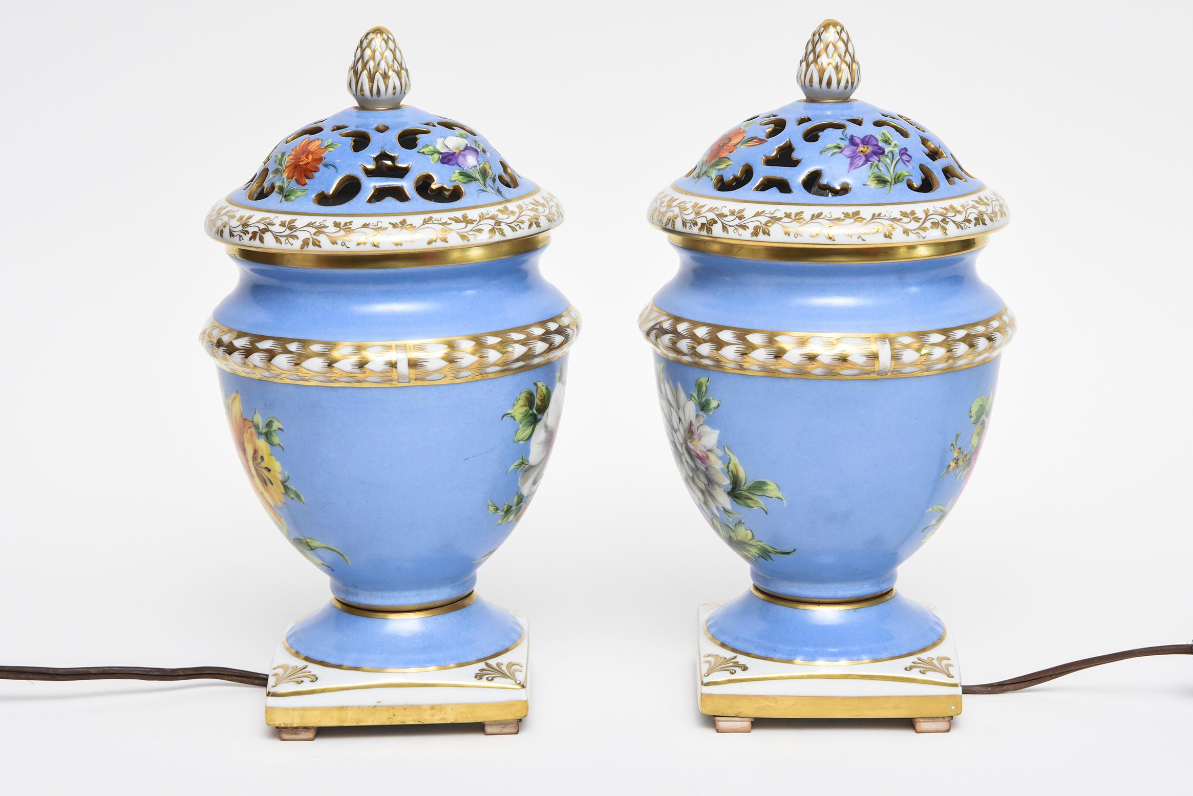 20th Century Pair of Le Tallec Paris Floral Blue Gilt Porcelain Pot Pourri Perfume Urns Lamps For Sale
