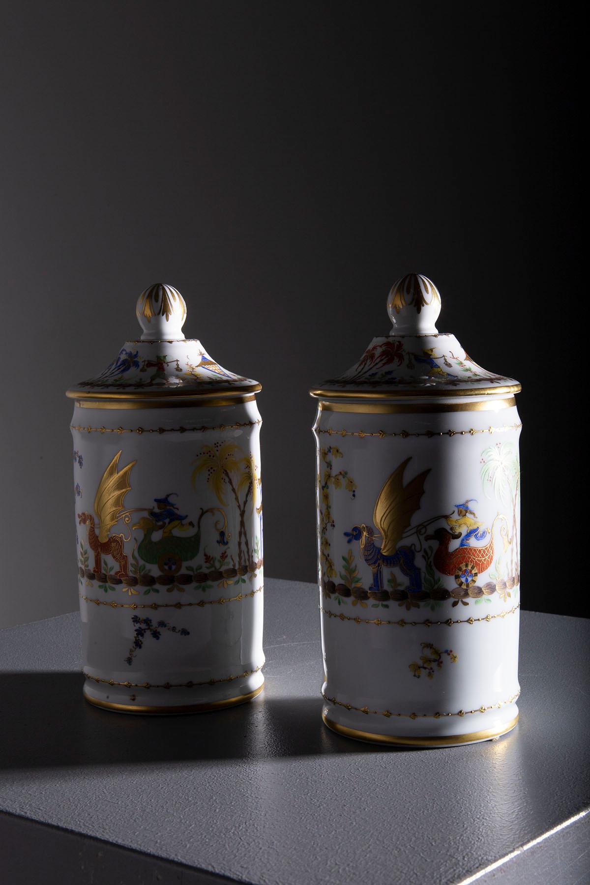 Hand-Painted Pair of Le Tallec Porcelain Pharmacy Jars, France 1977 For Sale