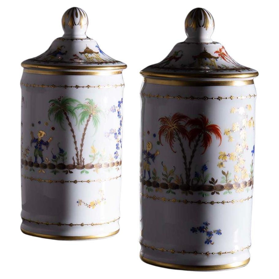 Pair of Le Tallec Porcelain Pharmacy Jars, France 1977 in vendita