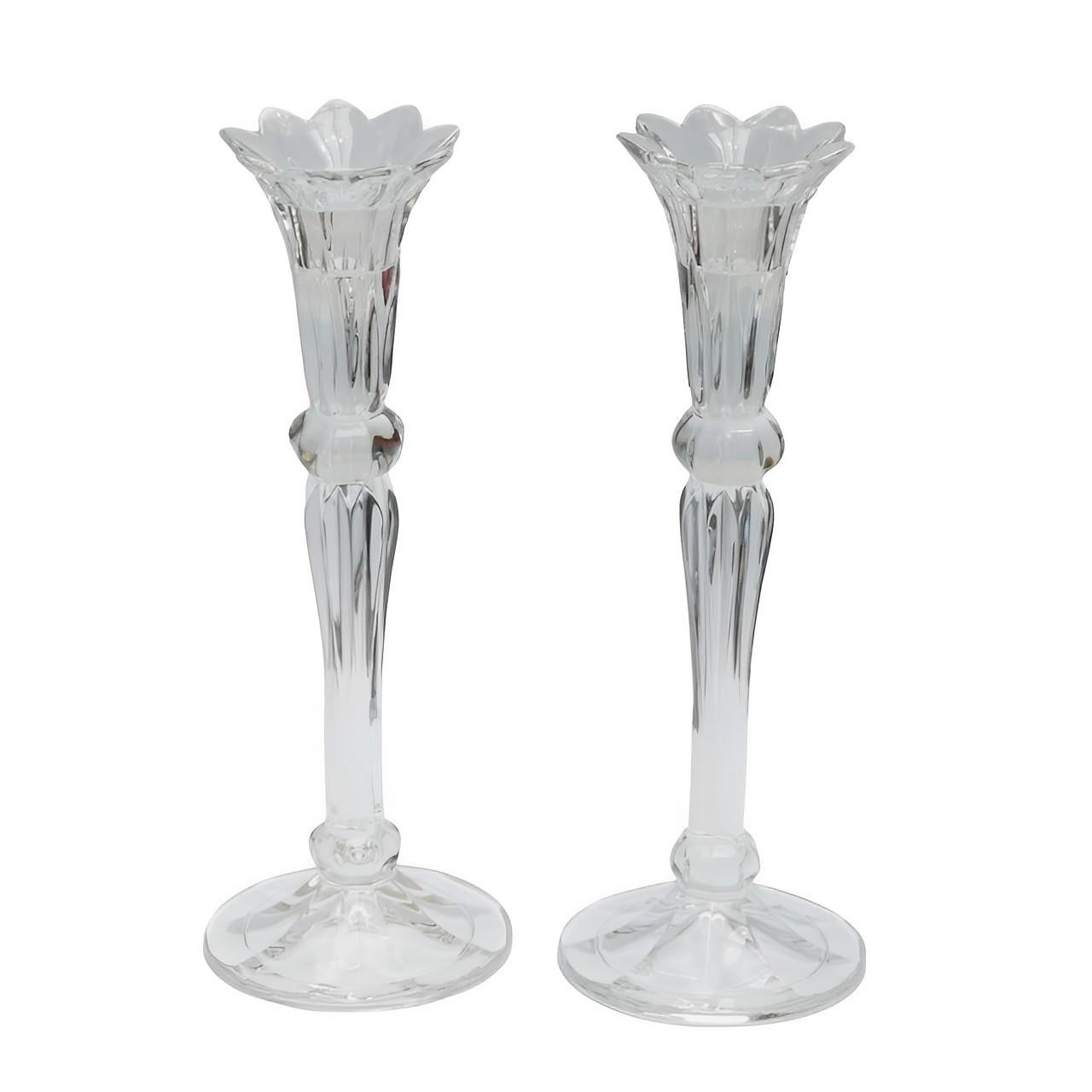20th Century Pair of Lead Crystal Candlesticks with Pressed Glass and Crystal Lustres For Sale