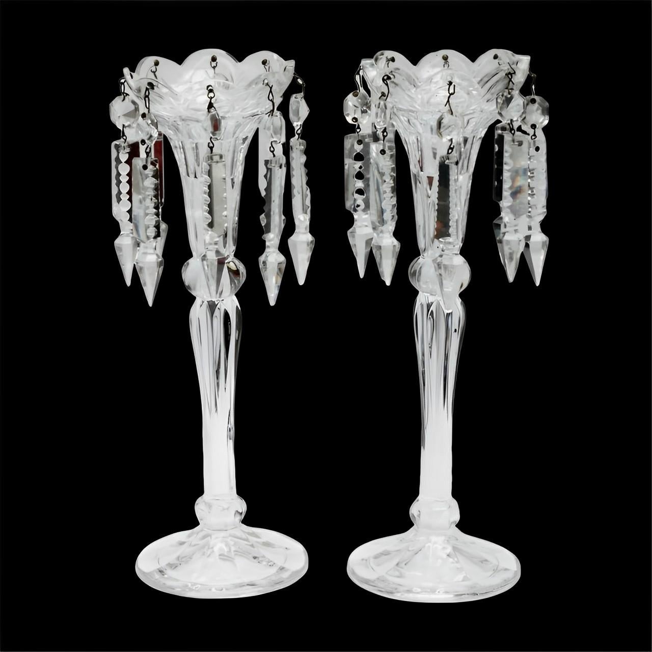 Pair of Lead Crystal Candlesticks with Pressed Glass and Crystal Lustres For Sale 2