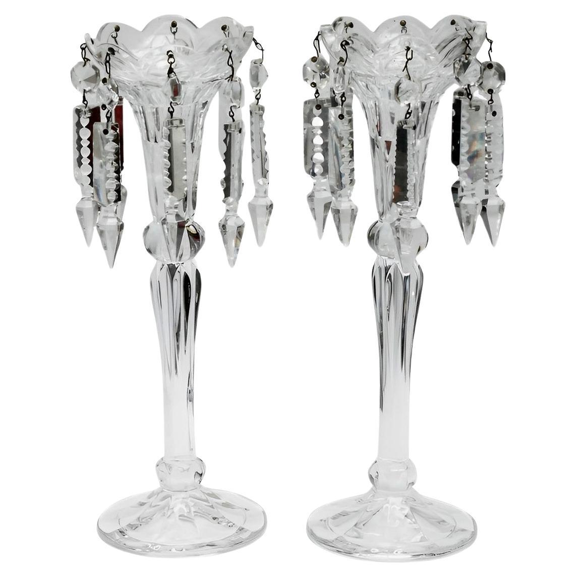 Pair of Lead Crystal Candlesticks with Pressed Glass and Crystal Lustres For Sale