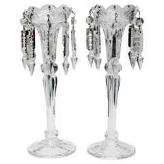 Retro Pair of Lead Crystal Candlesticks with Pressed Glass and Crystal Lustres