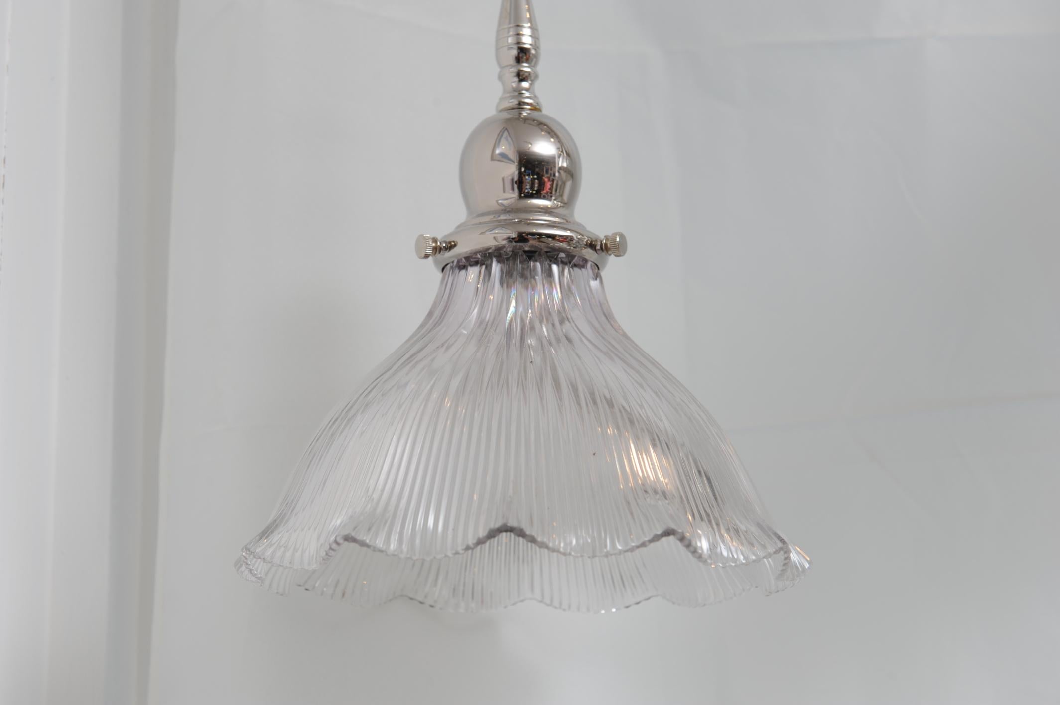 Industrial A Lead Crystal Holophane Shade on Nickel, Reeded Pendant