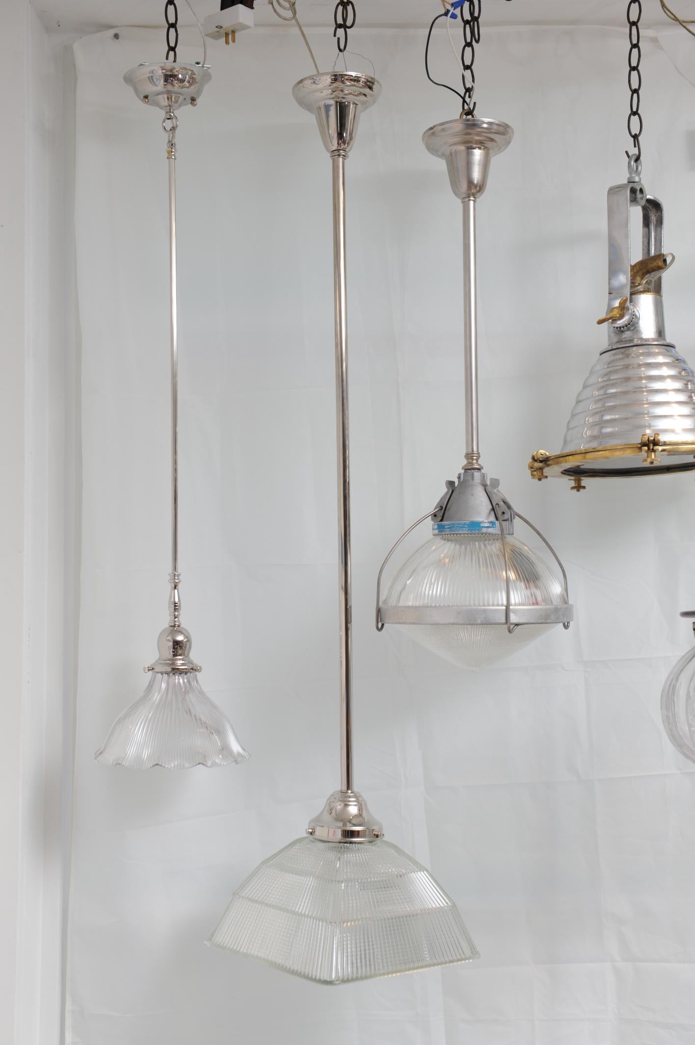 American A Lead Crystal Holophane Shade on Nickel, Reeded Pendant