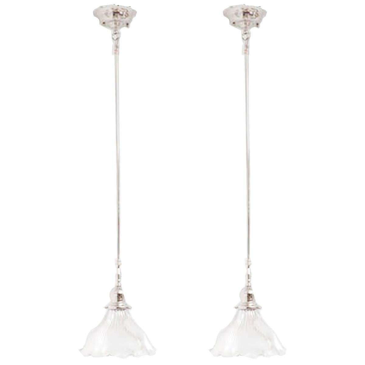 Pair of Lead Crystal Holophane Shades on Nickel, Reeded Pendants