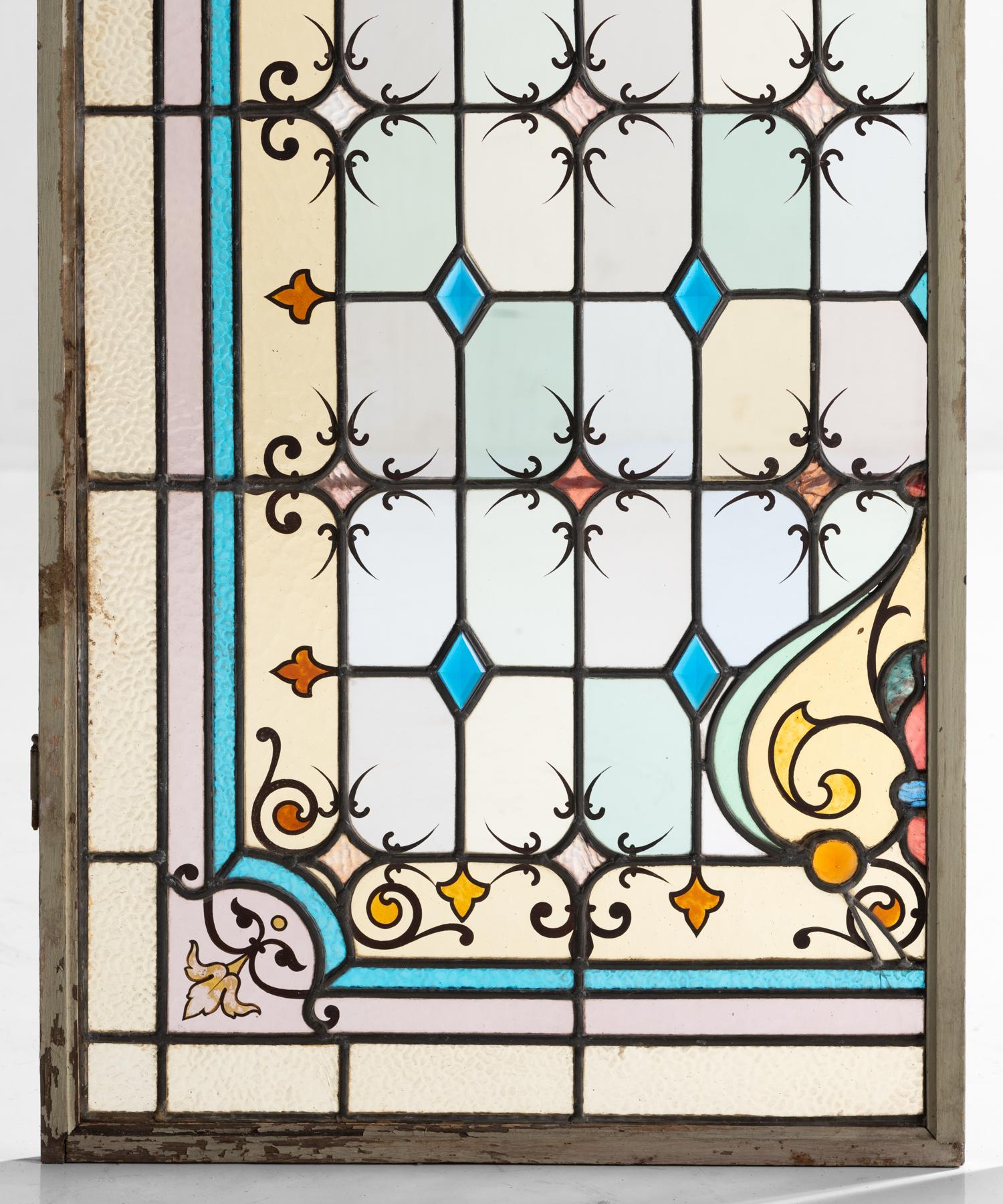 French Pair of Leaded and Painted Glass Shutters, France, circa 1890