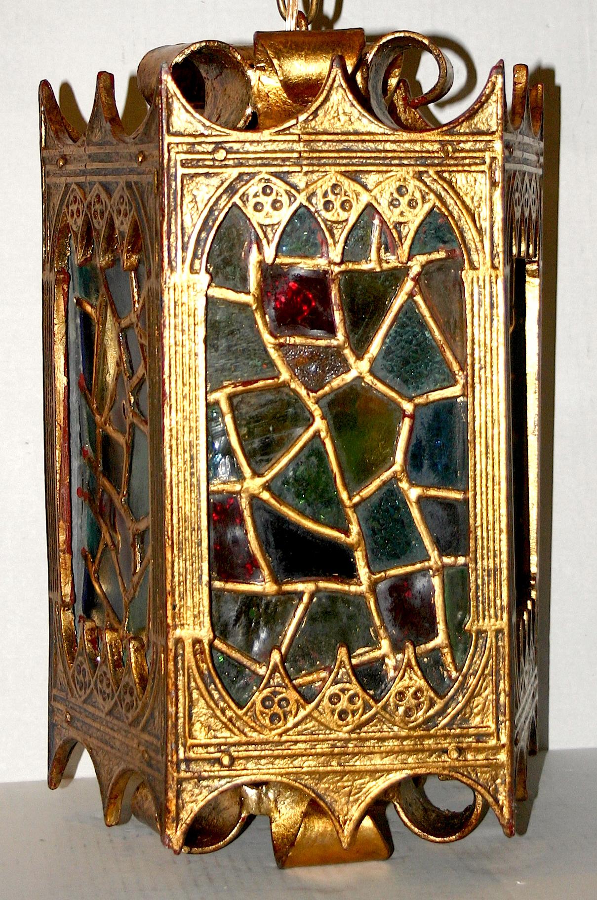 Mid-20th Century Pair of Leaded Glass Gilt Lanterns, Sold Individually For Sale