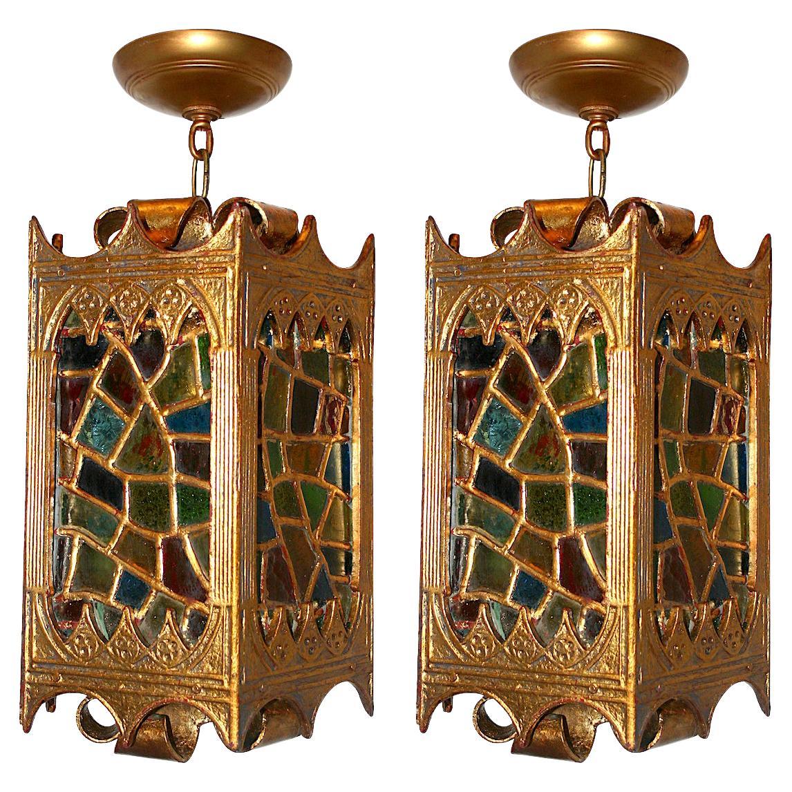 Pair of Leaded Glass Gilt Lanterns, Sold Individually For Sale