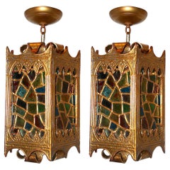 Vintage Pair of Leaded Glass Gilt Lanterns, Sold Individually