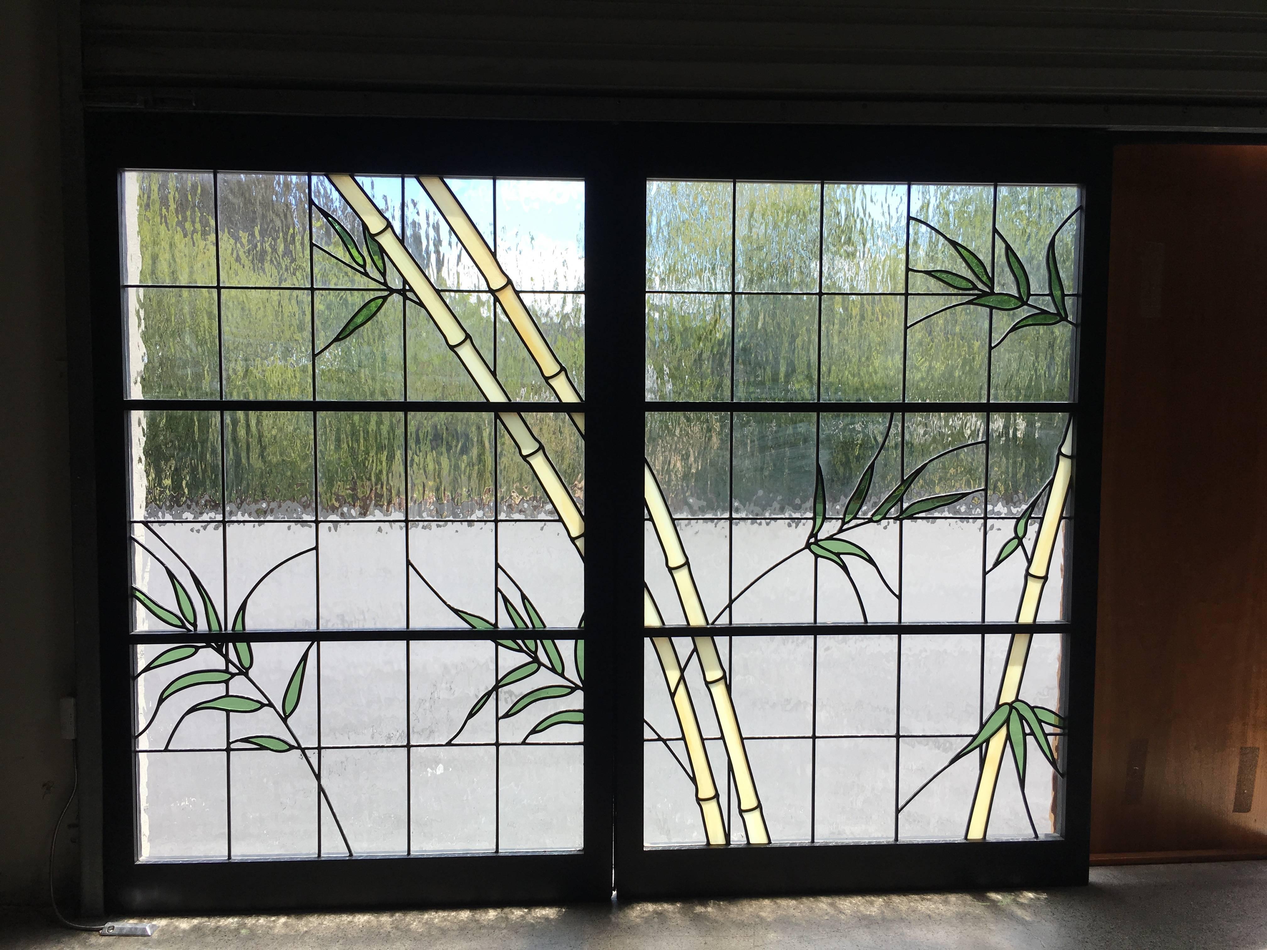 Organic Modern Pair of Leaded Glass Windows in Wood Frames