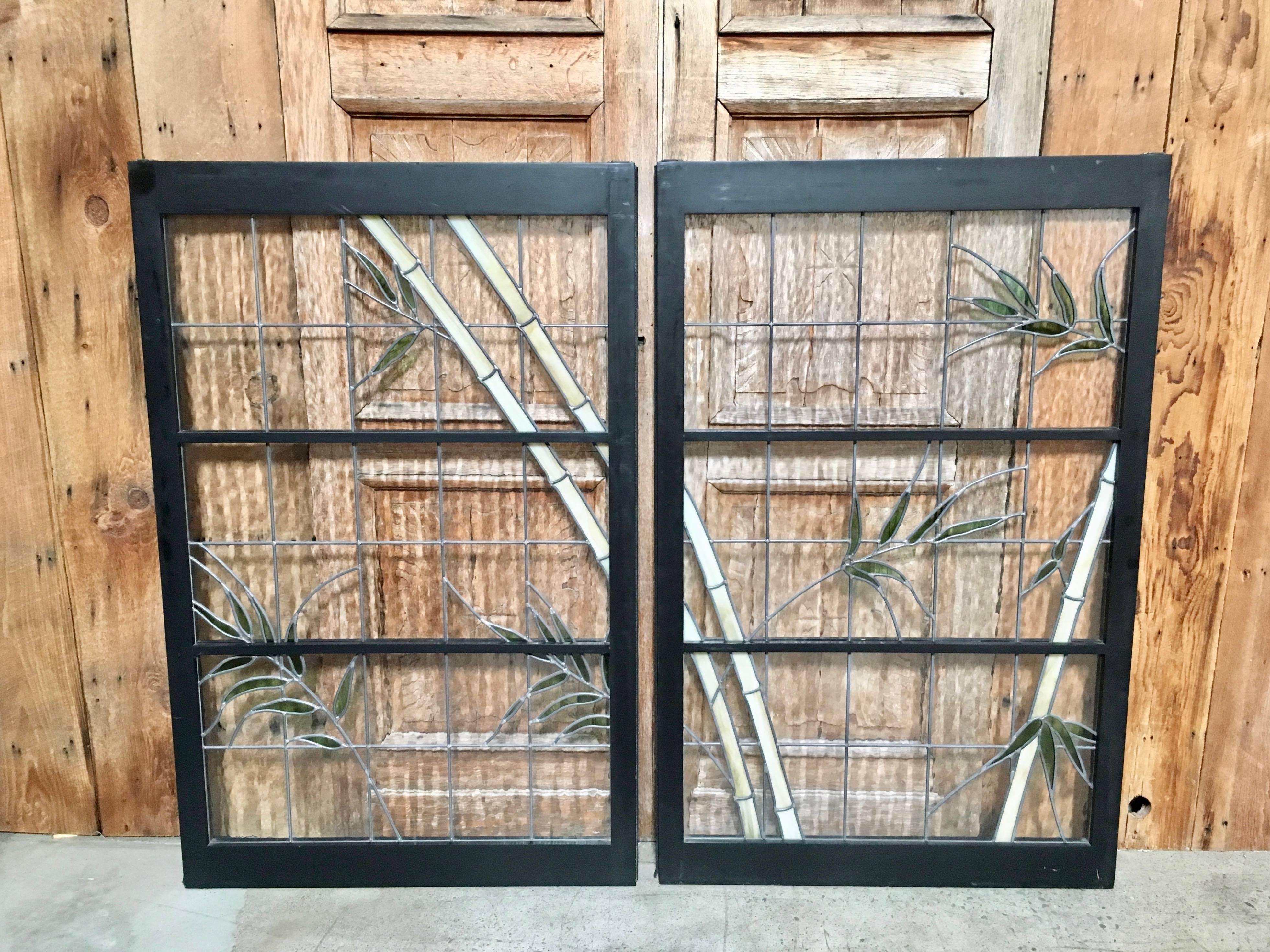 20th Century Pair of Leaded Glass Windows in Wood Frames