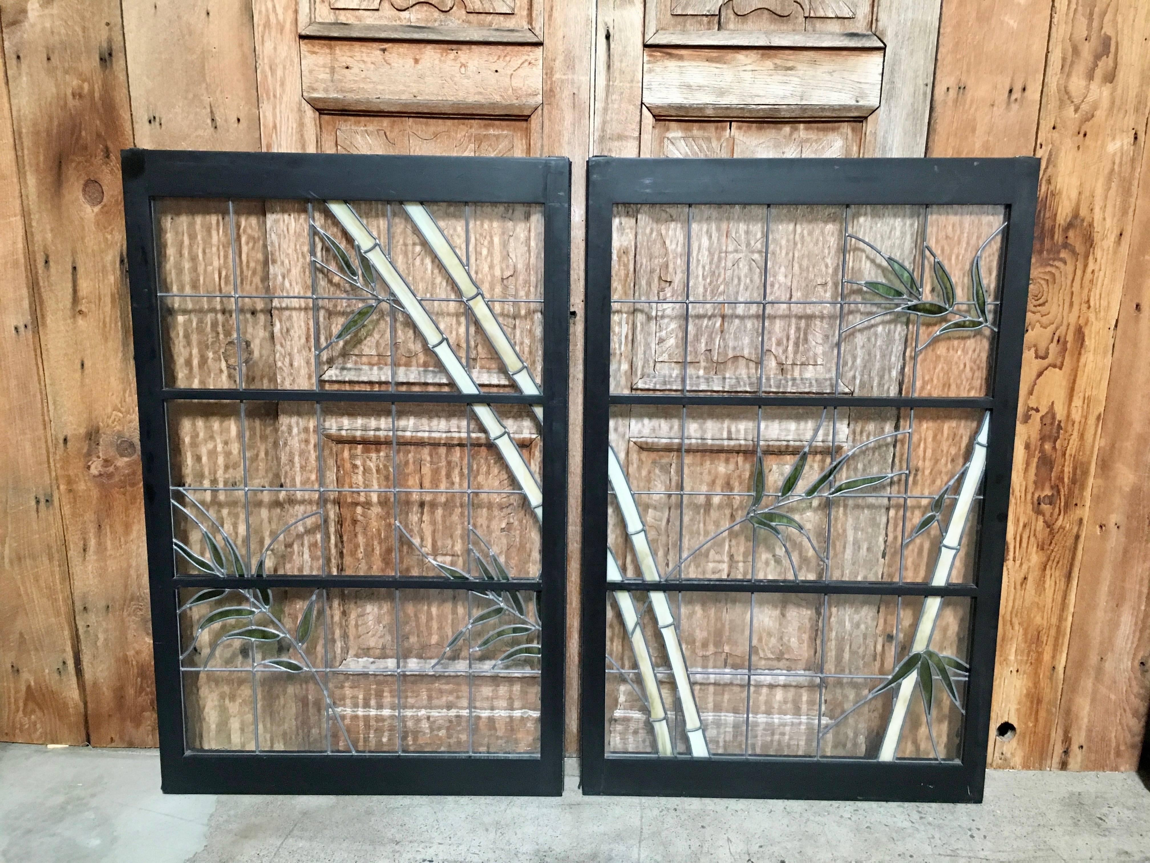 Pair of Leaded Glass Windows in Wood Frames 1