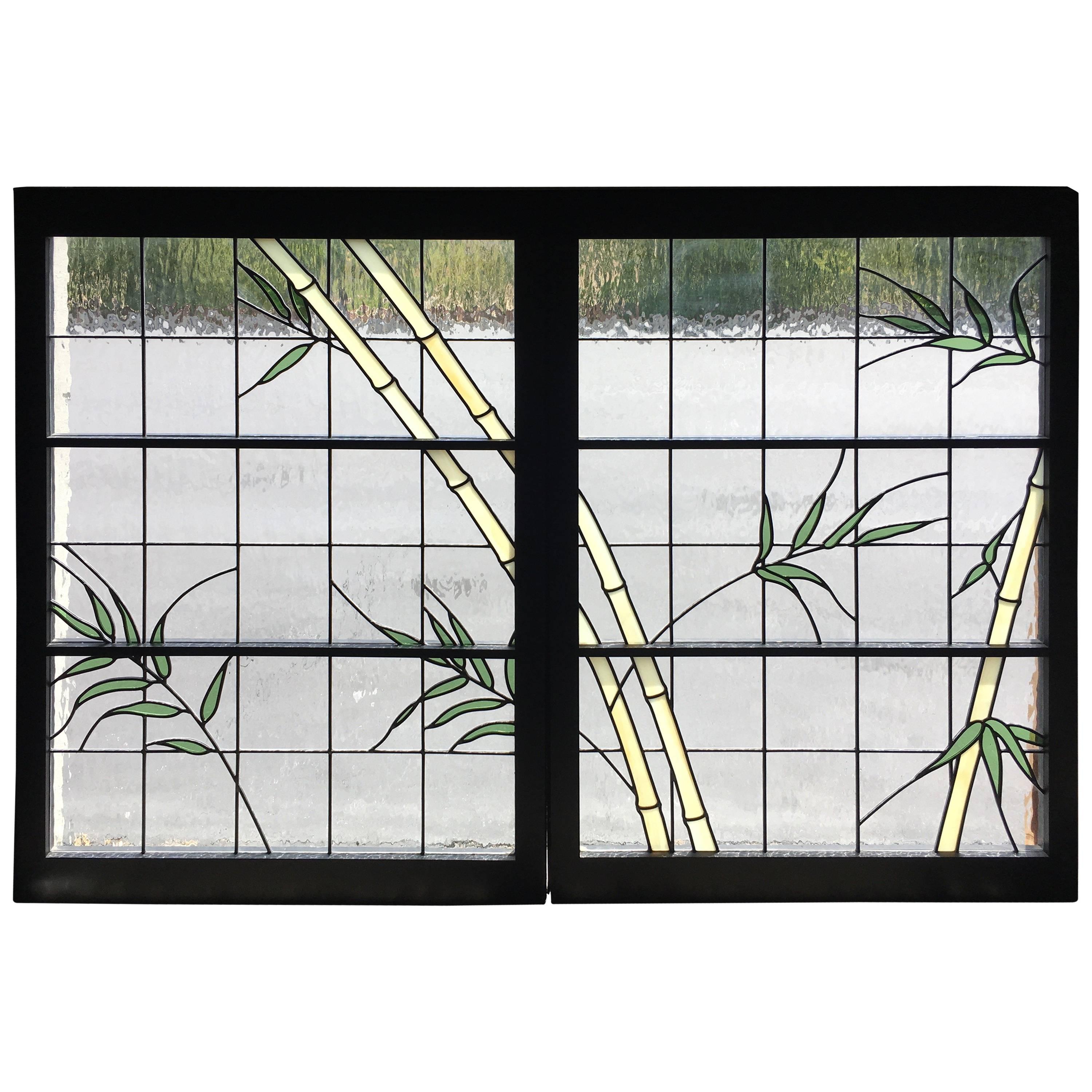 Pair of Leaded Glass Windows in Wood Frames