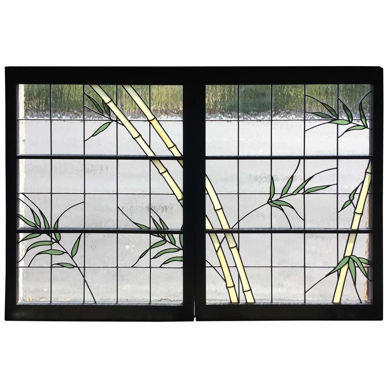 Pair of Leaded Glass Windows in Wood Frames at 1stDibs