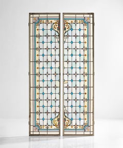 Pair of Leaded and Painted Glass Shutters, France, circa 1890