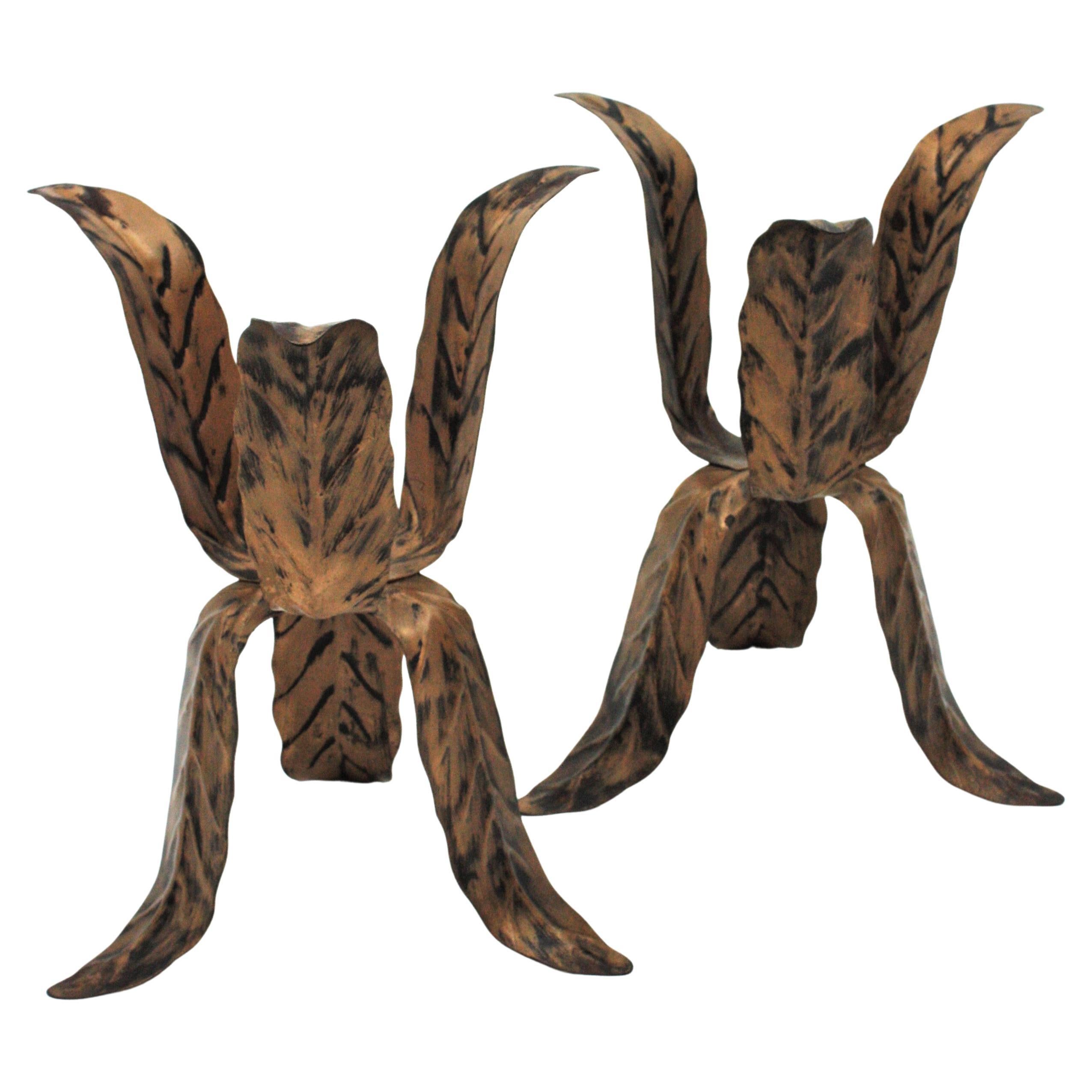 Pair of Leaf Design Tripod Plant Stands or Jardinières in Gilt Patinated Metal