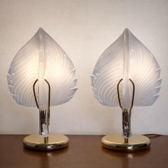 Pair of Leaf Brass Murano Glass Table Lamps by Franco Luce, Italy, 1970s