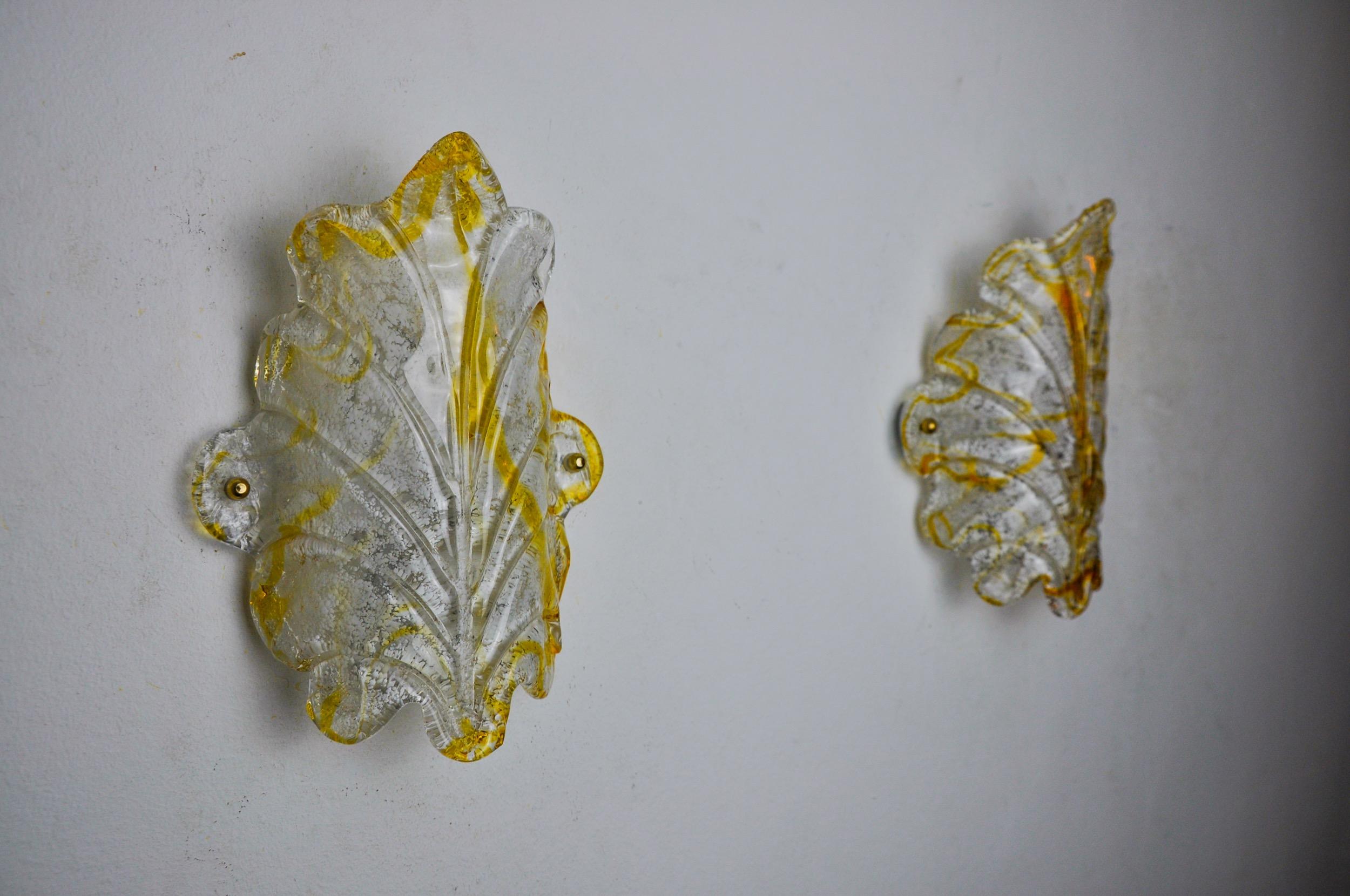 Italian Pair of Leaf sconces by Murano Mazzega in orange frosted glass Italy 1970 For Sale