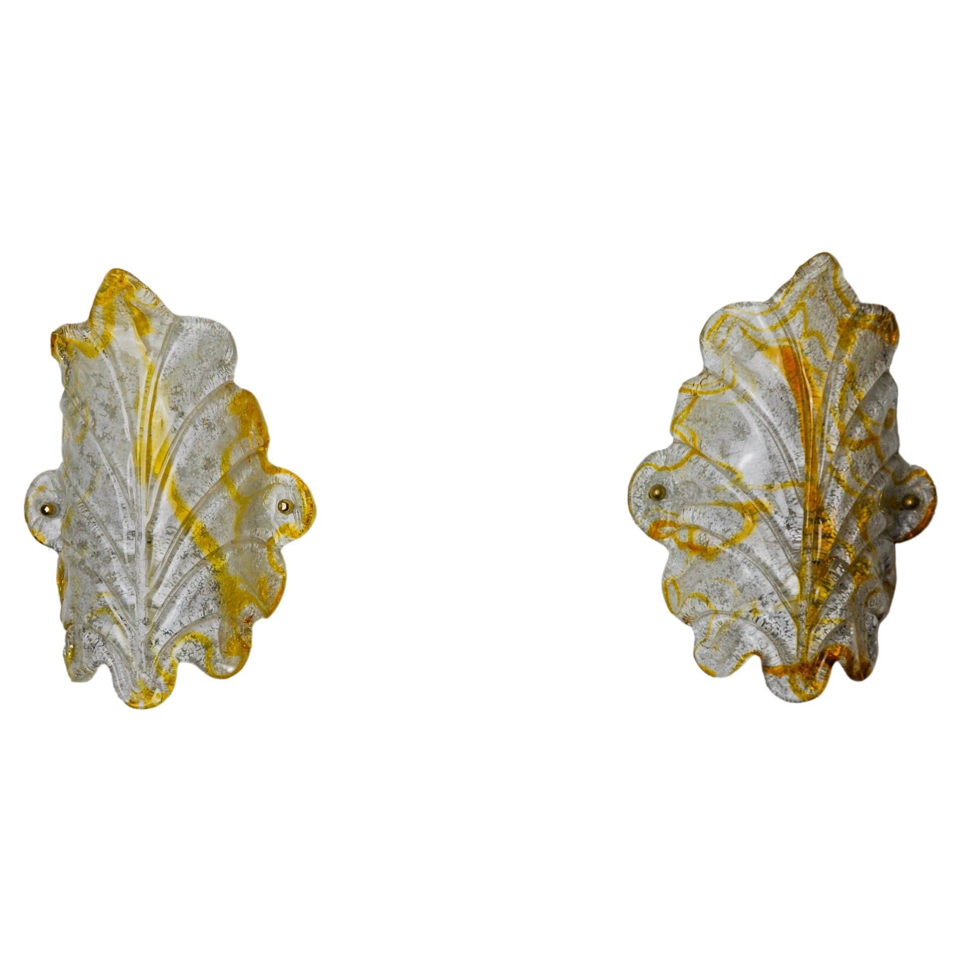 Paire d'appliques feuille de Murano Mazzega en verre dépoli orange, Italie 1970