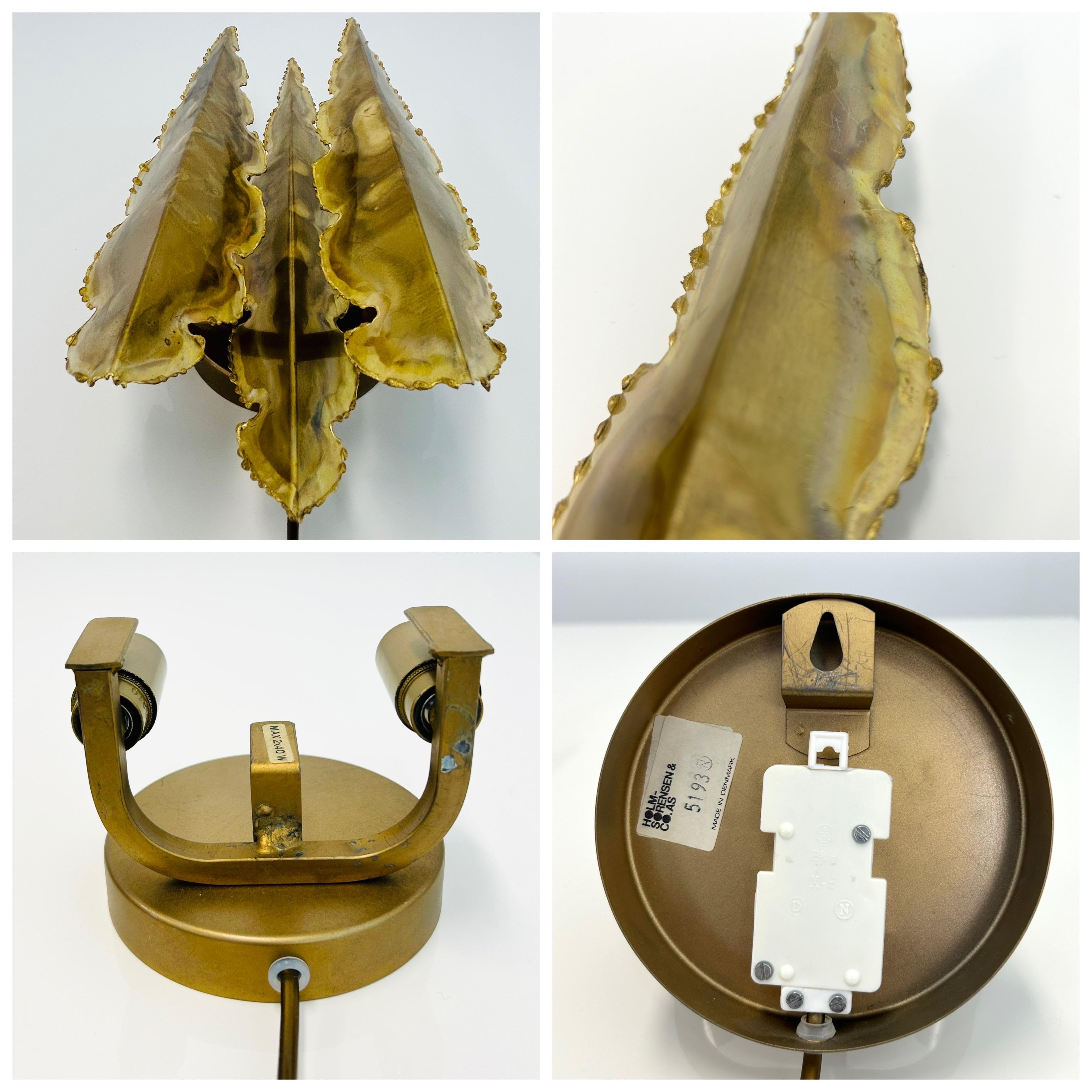 Pair of Leaf-Shaped Brass Wall Lamps by Svend Aage Holm Sorensen, 1960s, Denmark For Sale 1