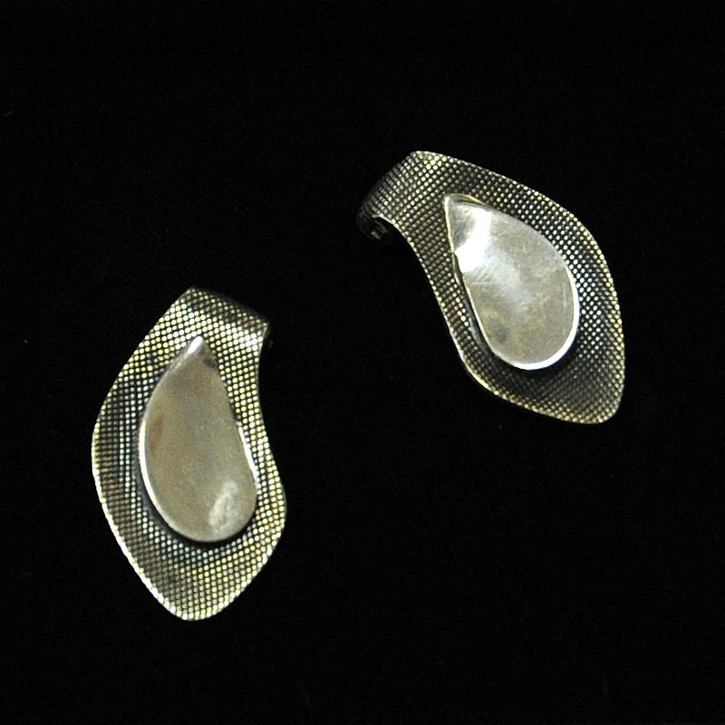 Patinated Pair of Leaf Shaped Silver Ear Rings `Speil` by Grete P Kittelsen 1953, Norway