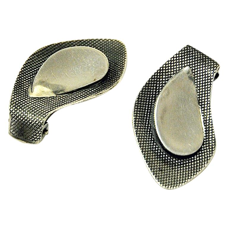 Pair of Leaf Shaped Silver Ear Rings `Speil` by Grete P Kittelsen 1953, Norway