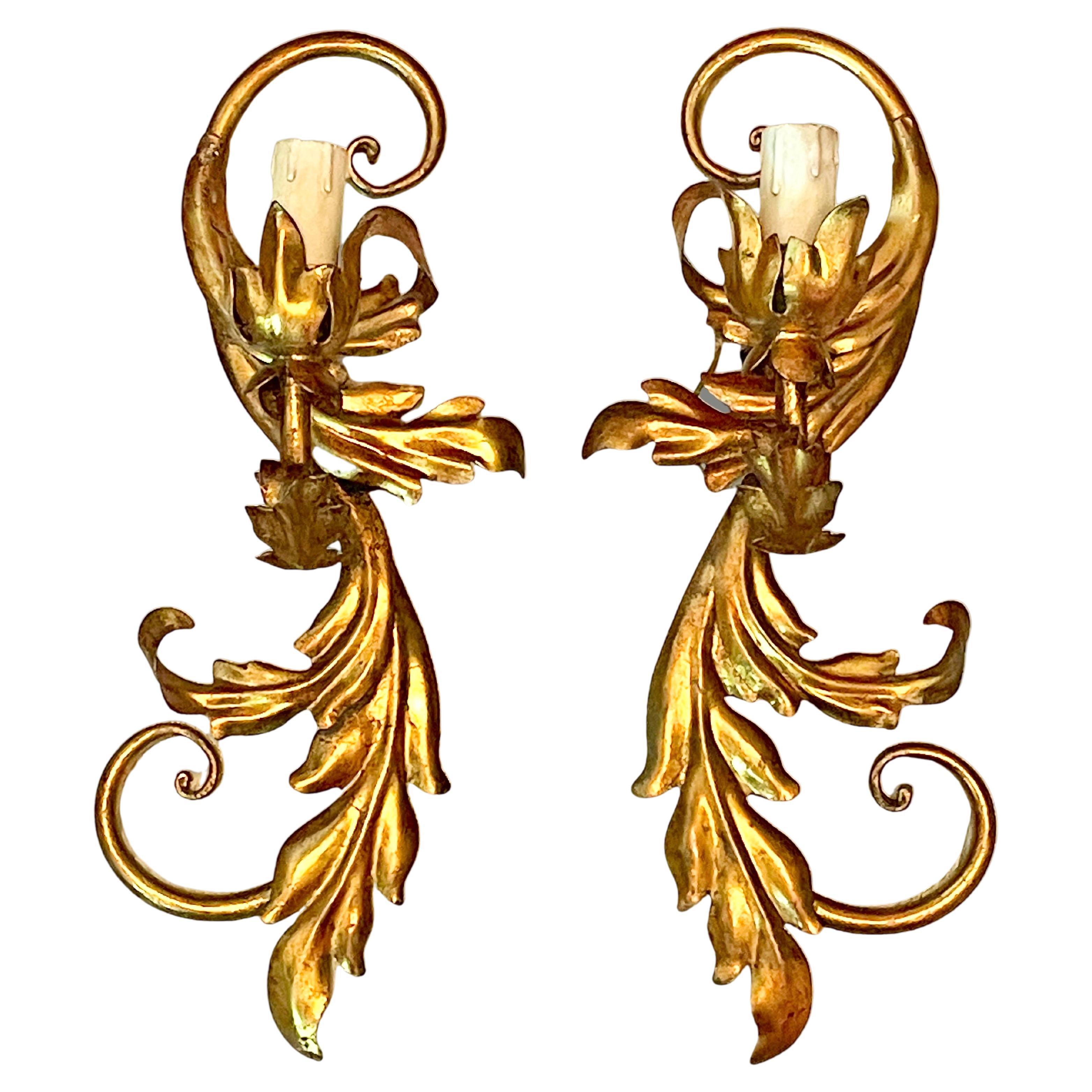 Pair of Leaf Tole Sconces Gilded Metal, Kogl Leuchten, 1960s