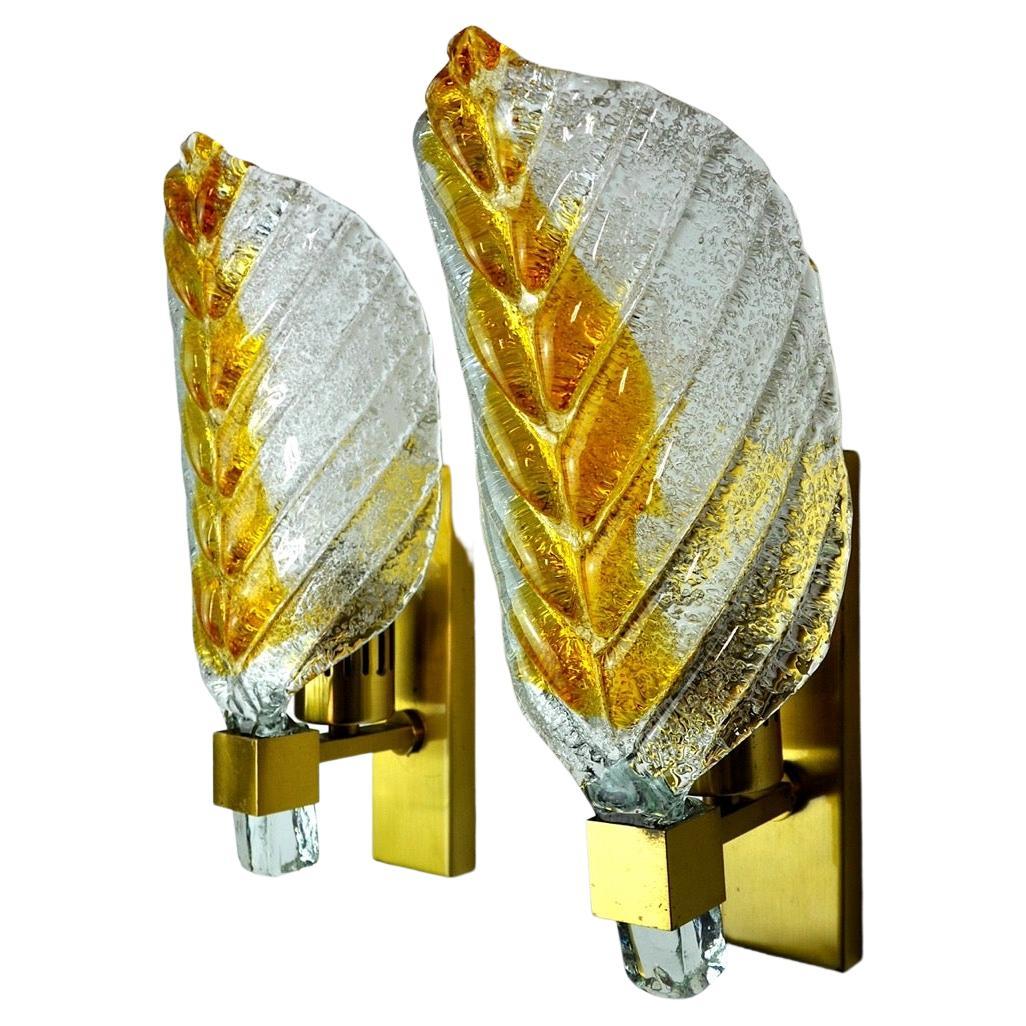 Pair of "Leaf" Wall Lamps by Carl Fagerlund, Orange Murano Glass, Germany, 1970 For Sale