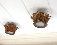 Pair of Leafed Crown Flush Mount Light Fixtures in Gilt Iron and Glass, 1940s